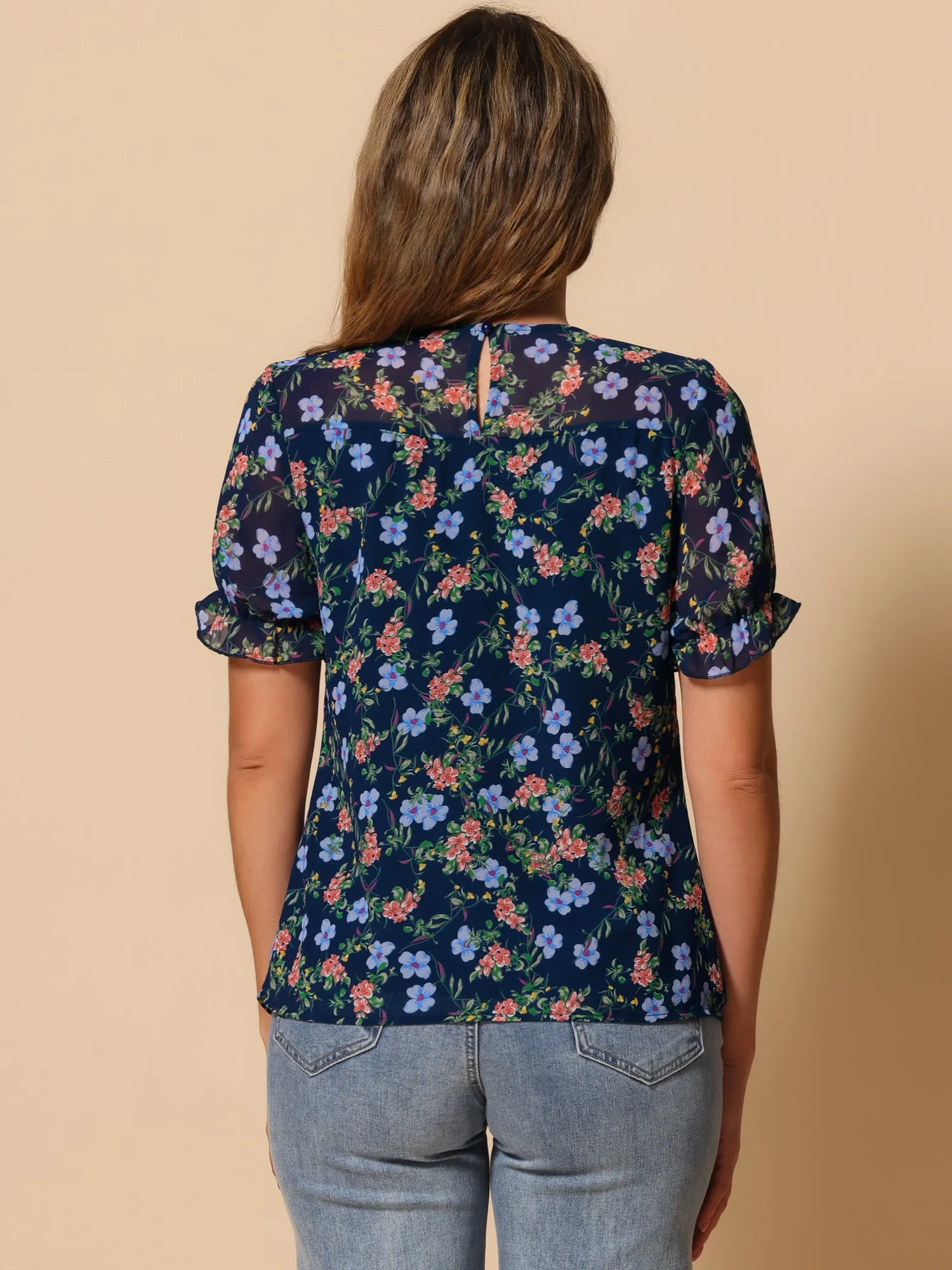 Chiffon Short Sleeve Ruffled Trim Floral Blouse Top