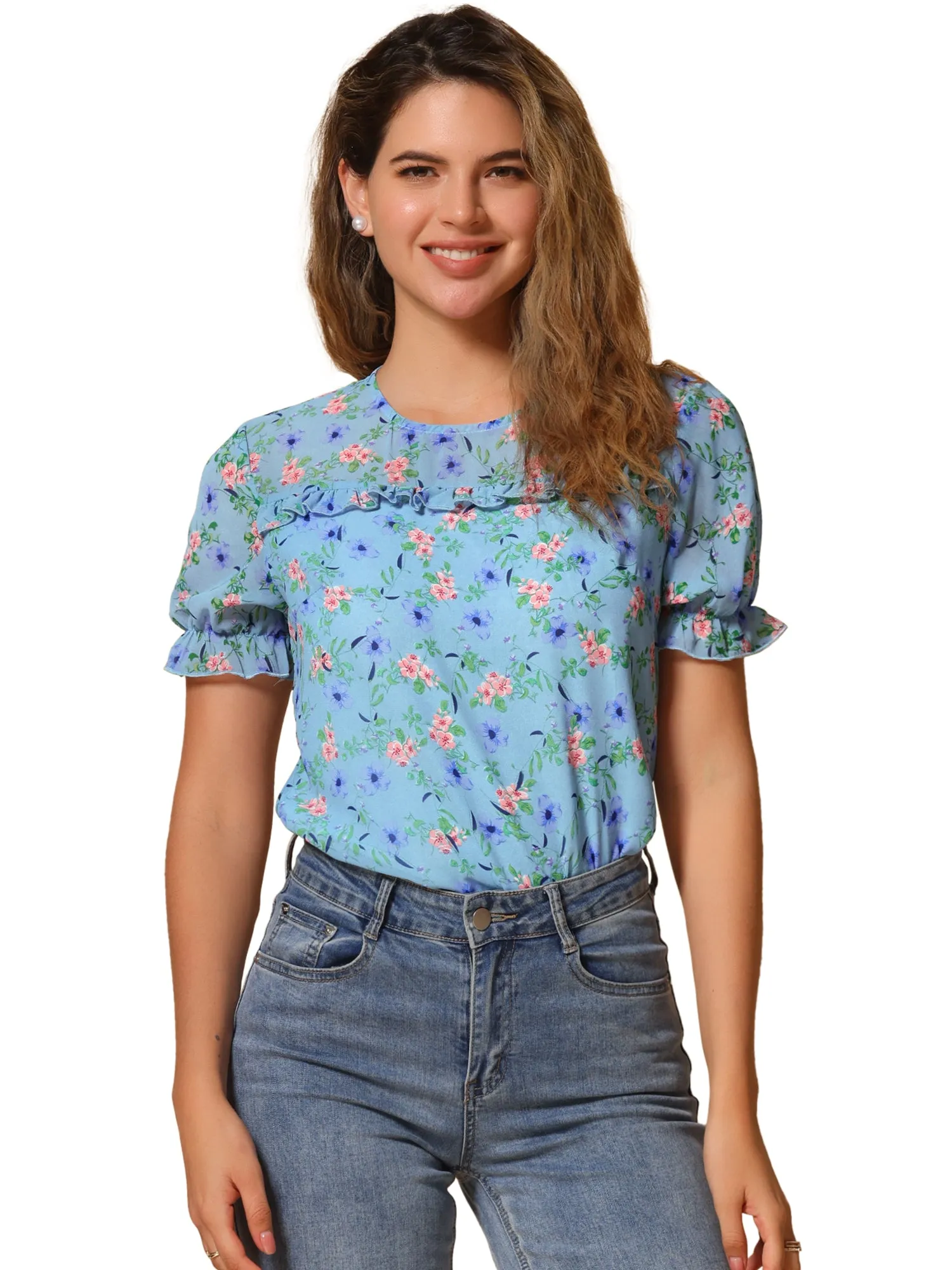 Chiffon Short Sleeve Ruffled Trim Floral Blouse Top