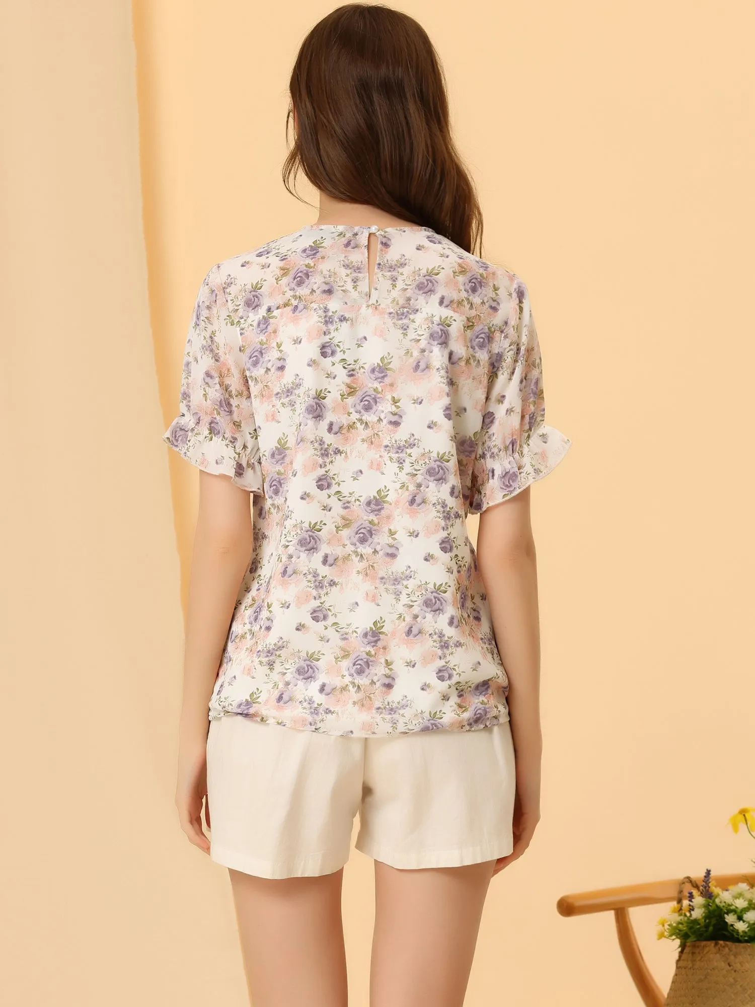Chiffon Short Sleeve Ruffled Trim Floral Blouse Top