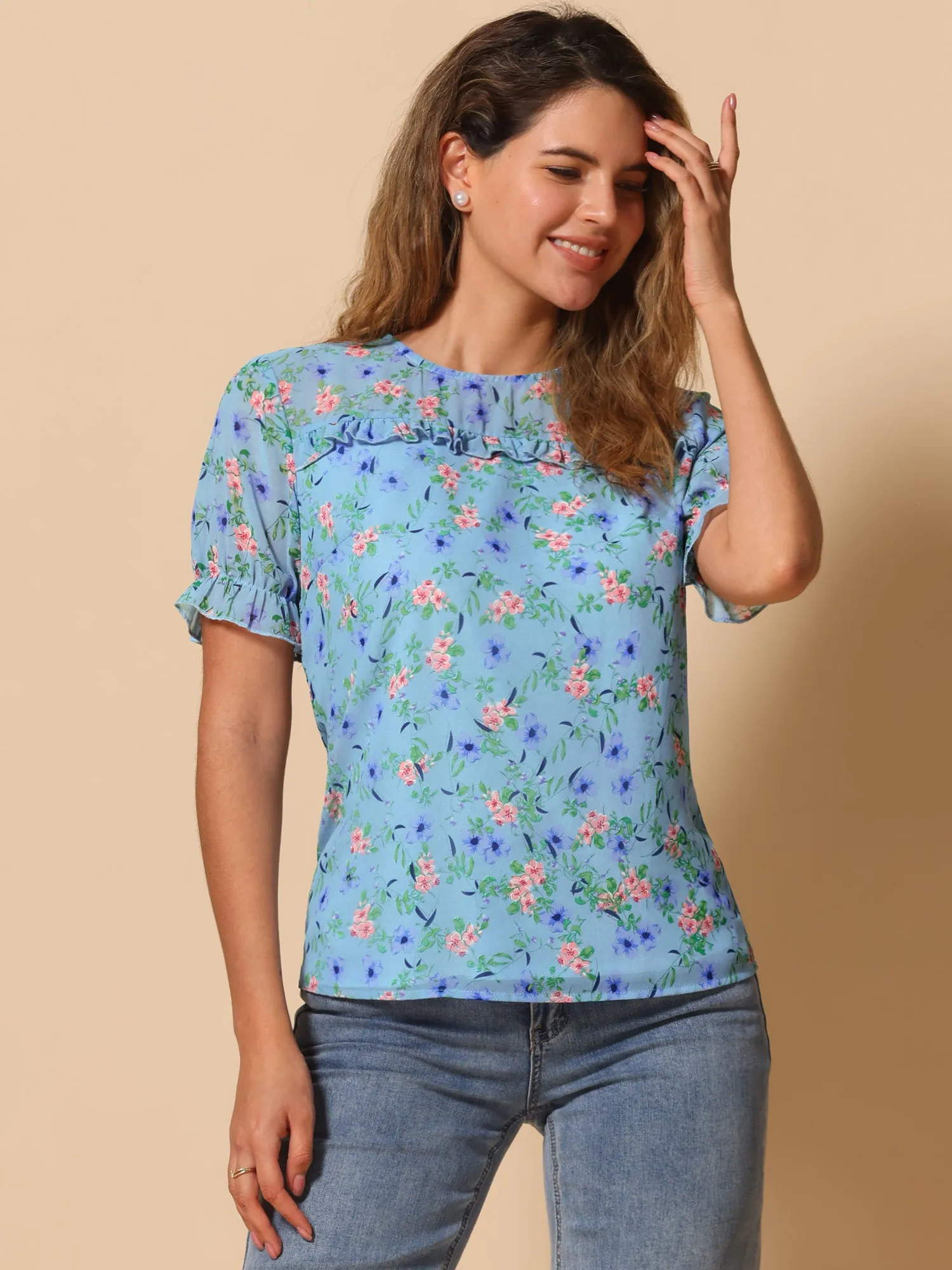 Chiffon Short Sleeve Ruffled Trim Floral Blouse Top
