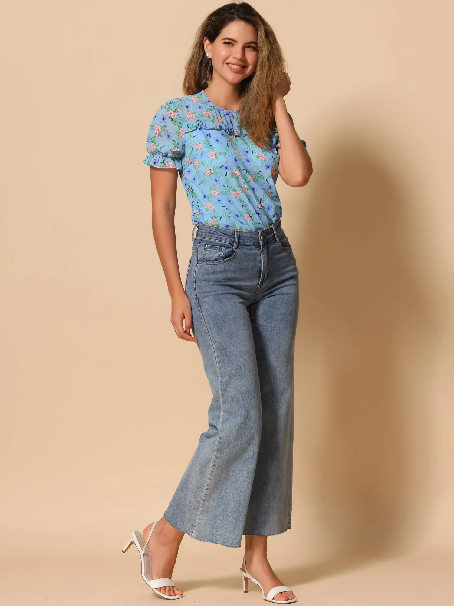 Chiffon Short Sleeve Ruffled Trim Floral Blouse Top