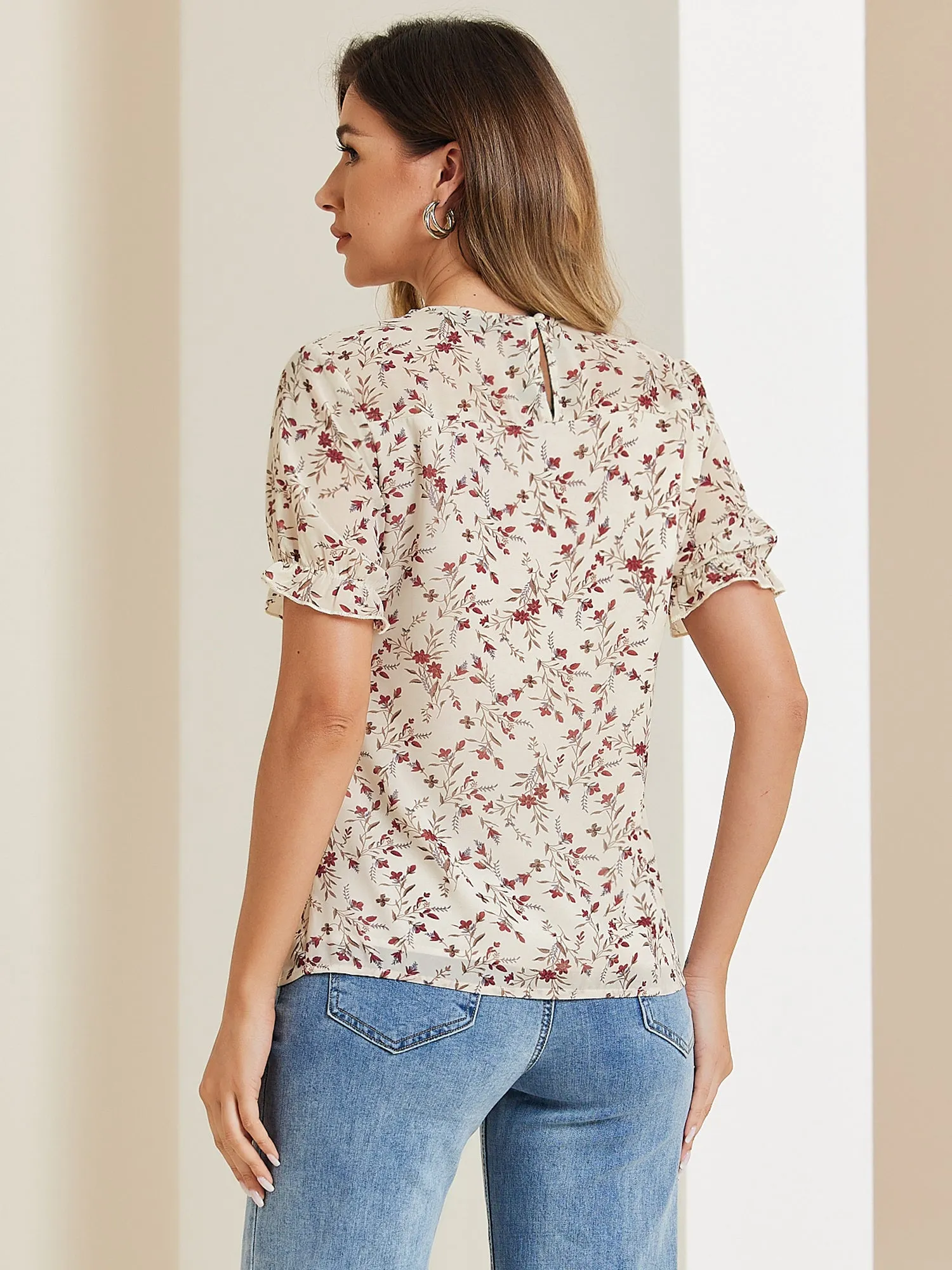 Chiffon Short Sleeve Ruffled Trim Floral Blouse Top
