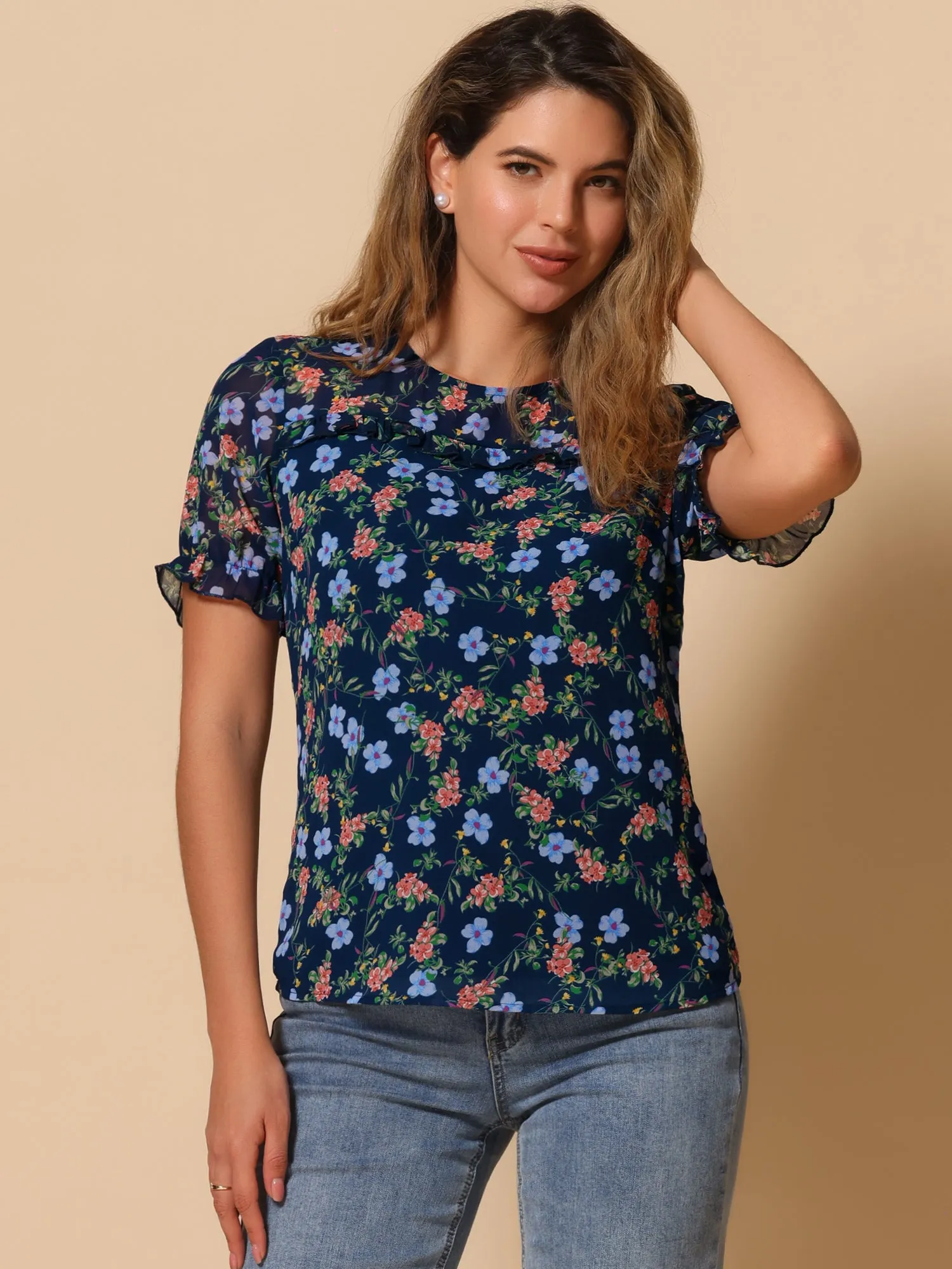 Chiffon Short Sleeve Ruffled Trim Floral Blouse Top