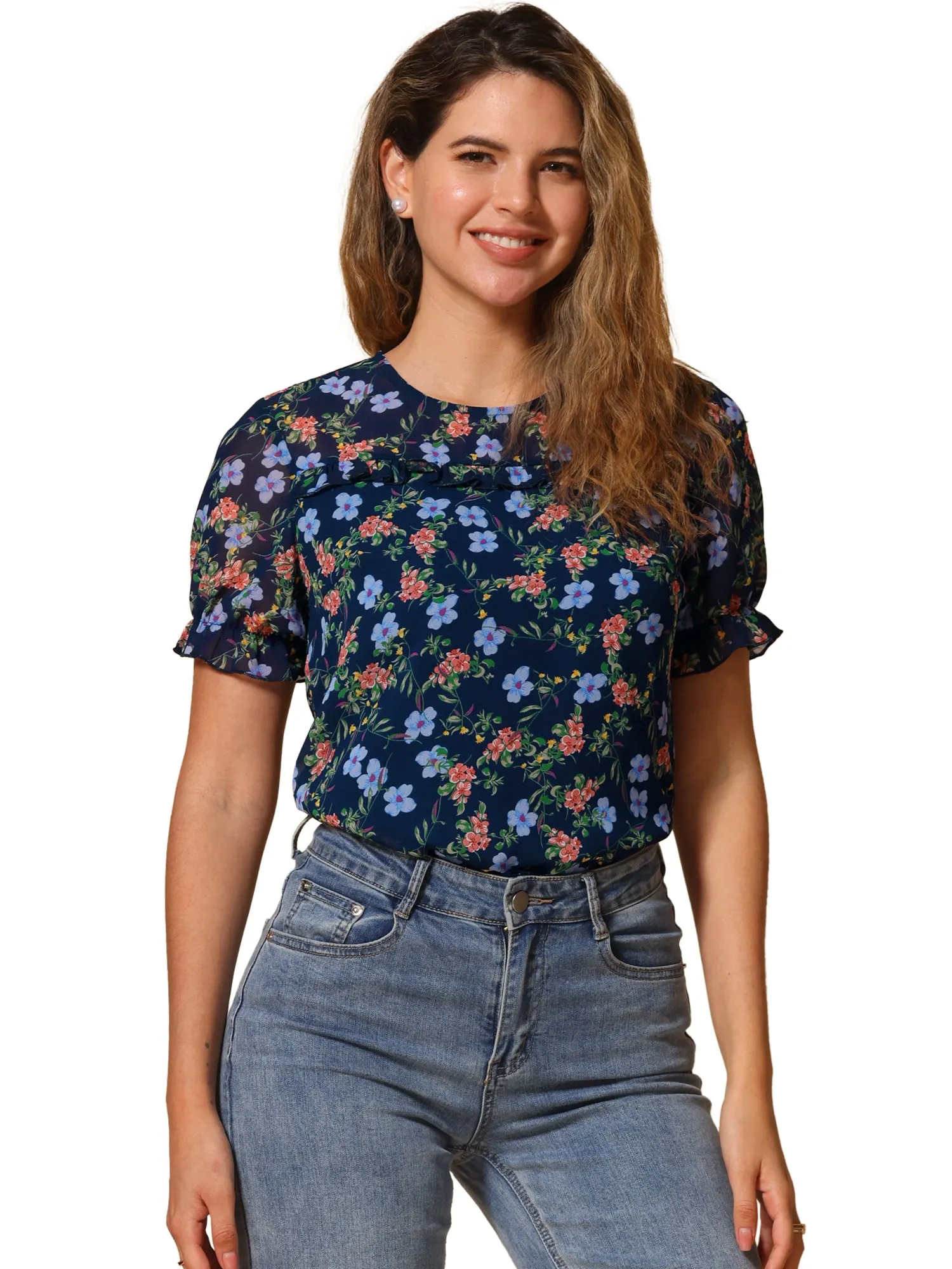 Chiffon Short Sleeve Ruffled Trim Floral Blouse Top