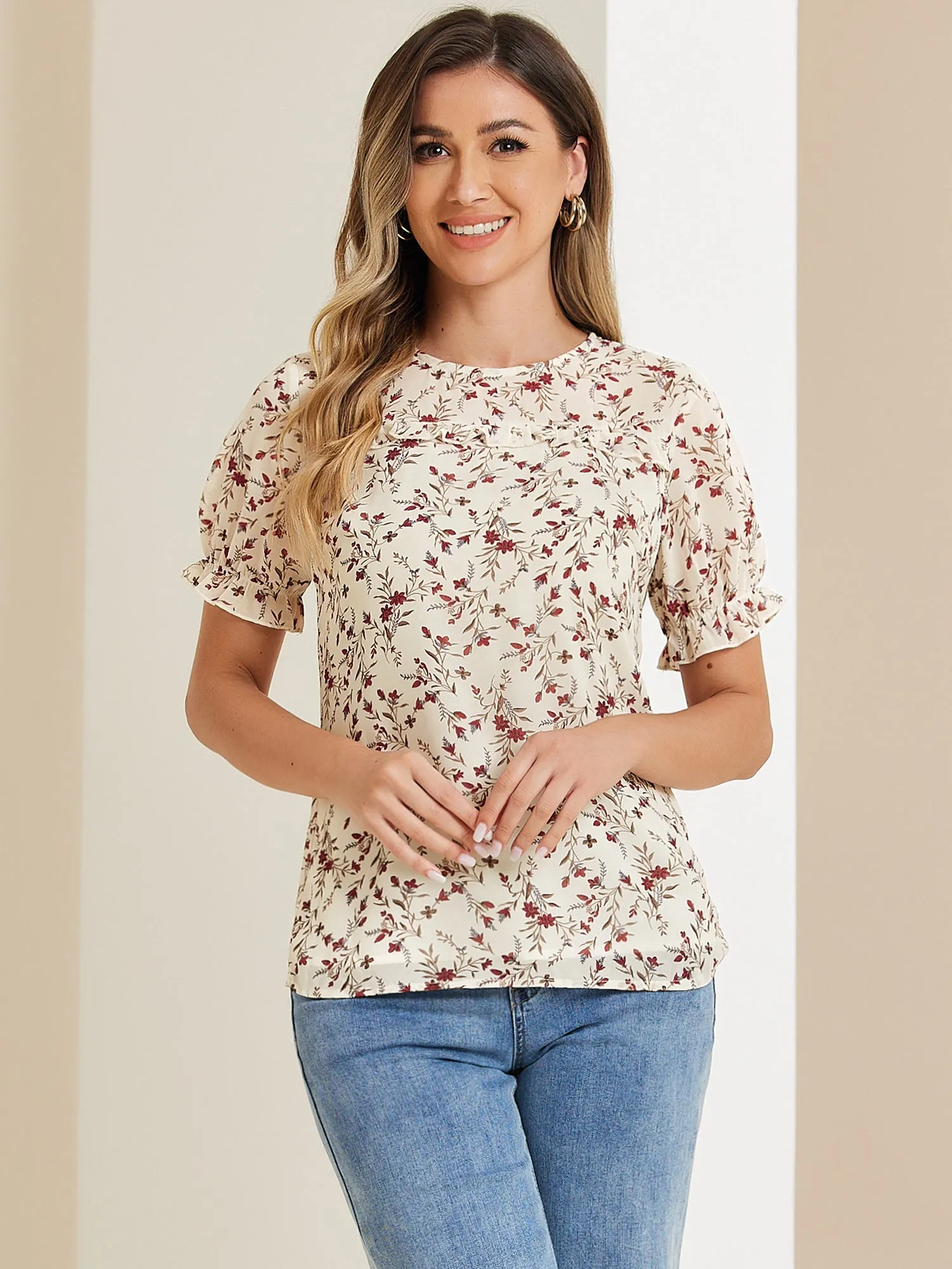 Chiffon Short Sleeve Ruffled Trim Floral Blouse Top