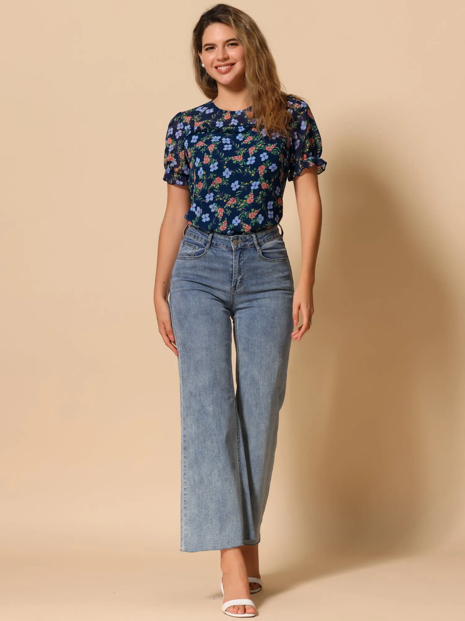 Chiffon Short Sleeve Ruffled Trim Floral Blouse Top