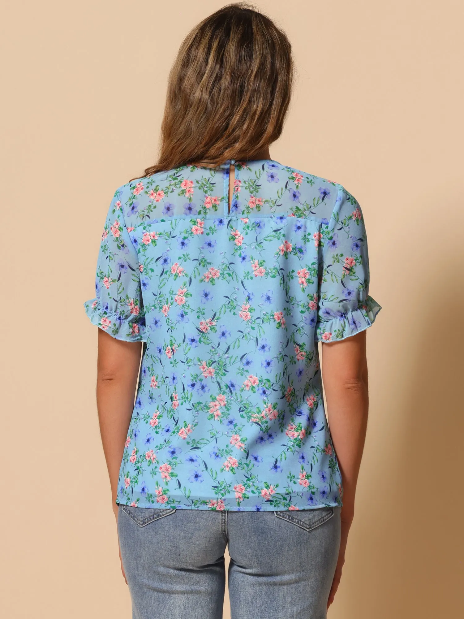 Chiffon Short Sleeve Ruffled Trim Floral Blouse Top