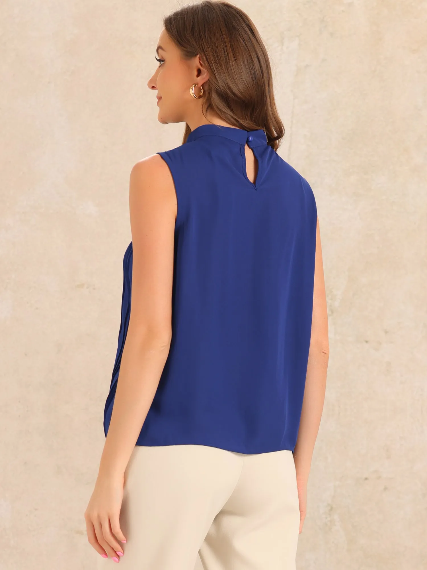 Chiffon Sleeveless Pleated Mock Neck Business Casual Blouse