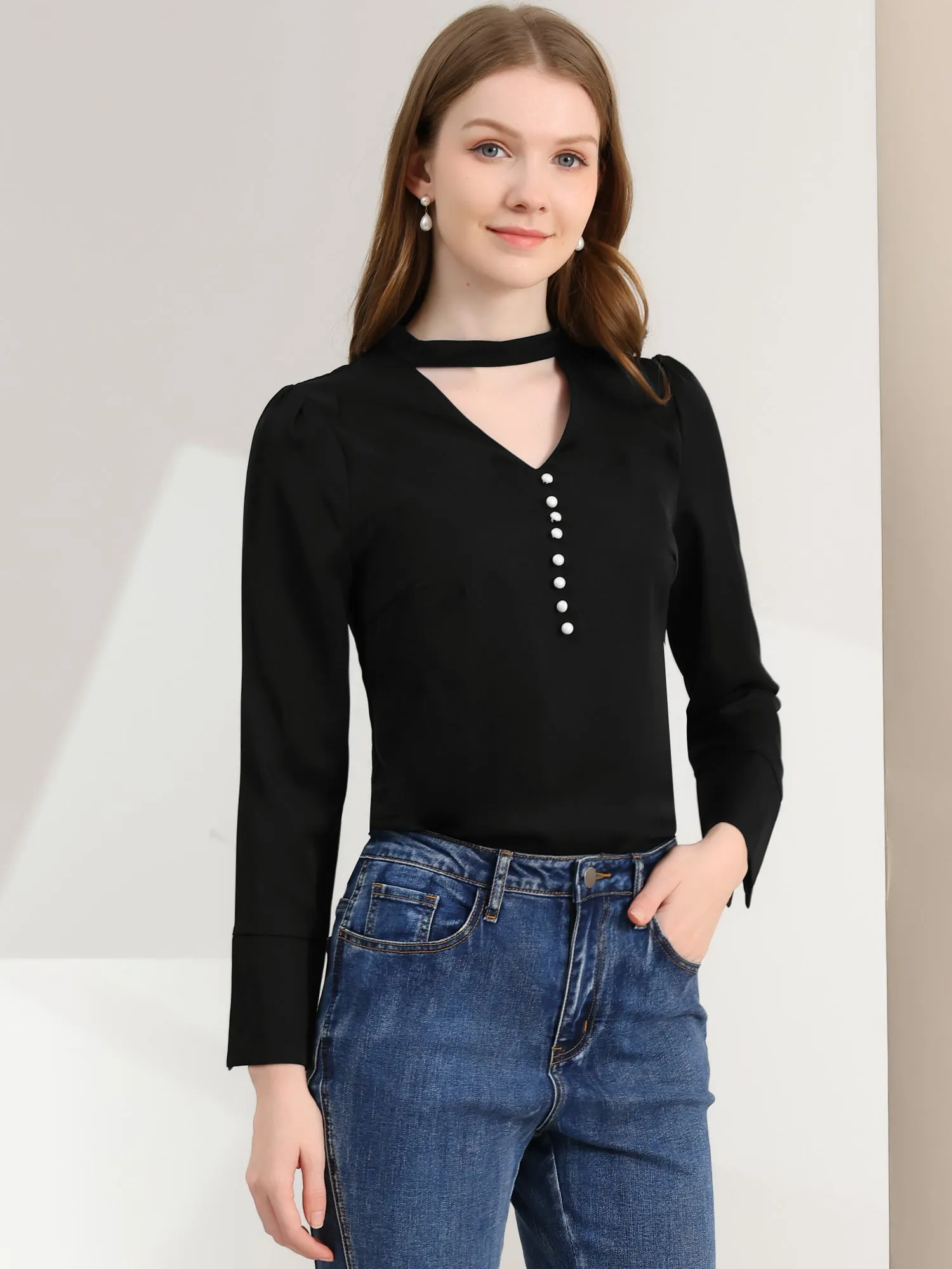 Choker Neck Cutout Button Decor Long Sleeve Chiffon Work Blouse