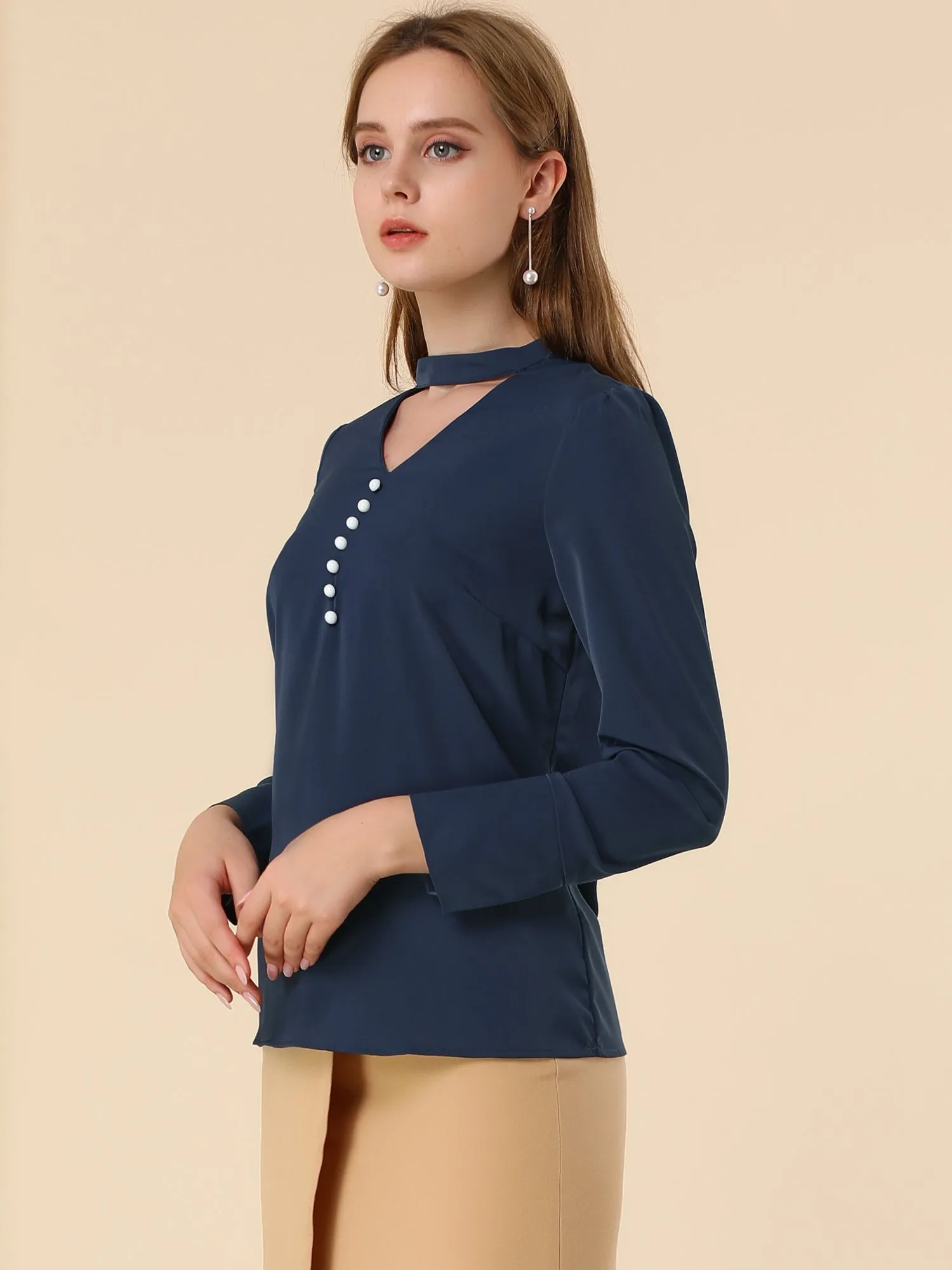 Choker Neck Cutout Button Decor Long Sleeve Chiffon Work Blouse