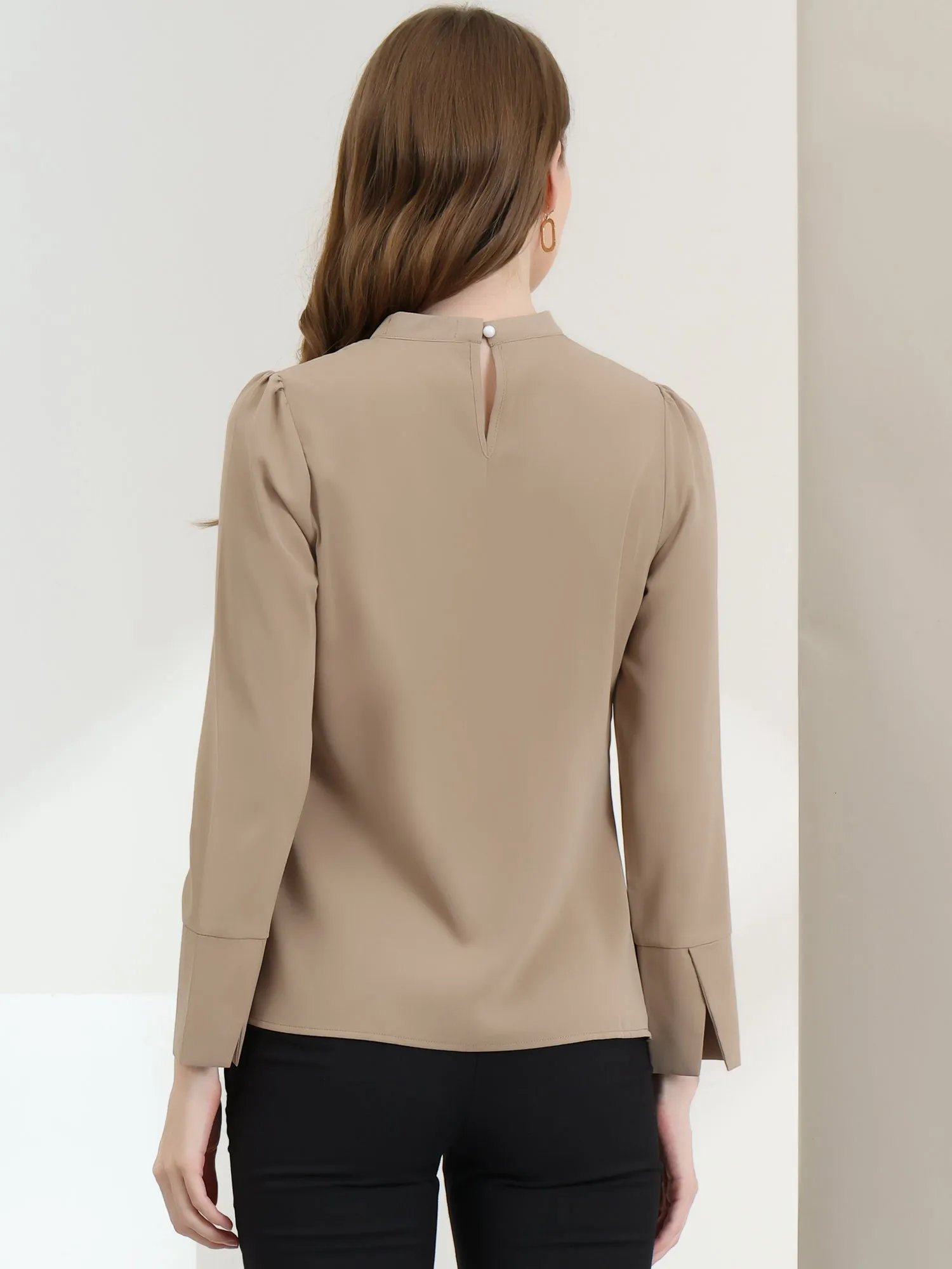Choker Neck Cutout Button Decor Long Sleeve Chiffon Work Blouse