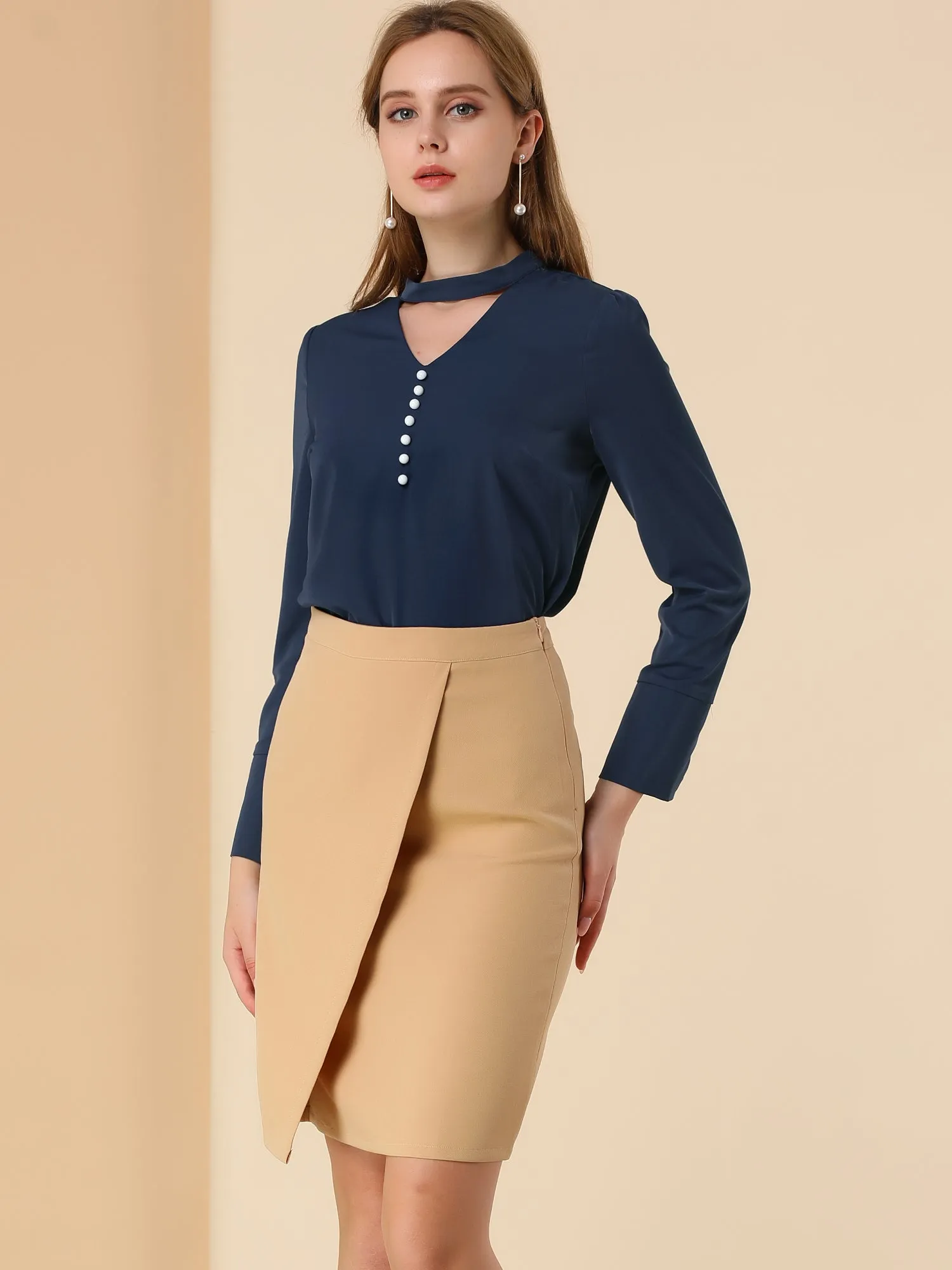 Choker Neck Cutout Button Decor Long Sleeve Chiffon Work Blouse