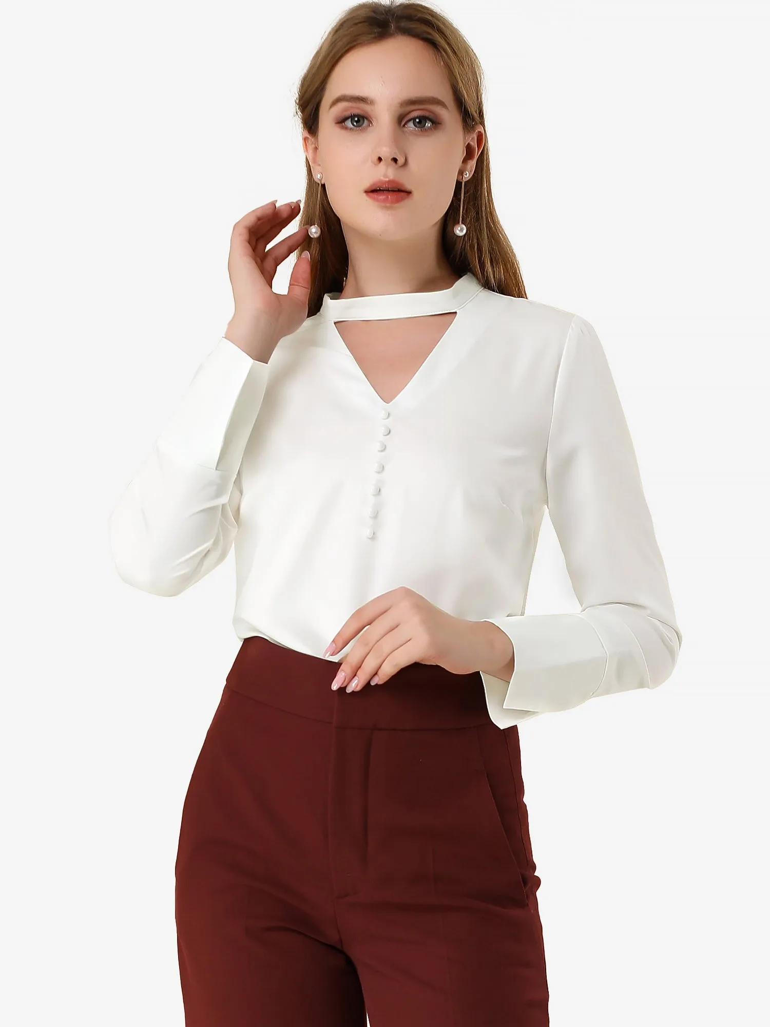Choker Neck Cutout Button Decor Long Sleeve Chiffon Work Blouse