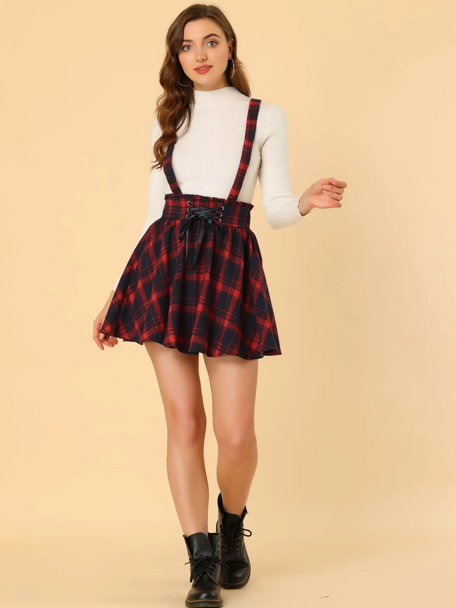 Christmas Gothic Plaid High Waisted Detachable Suspender Skirt