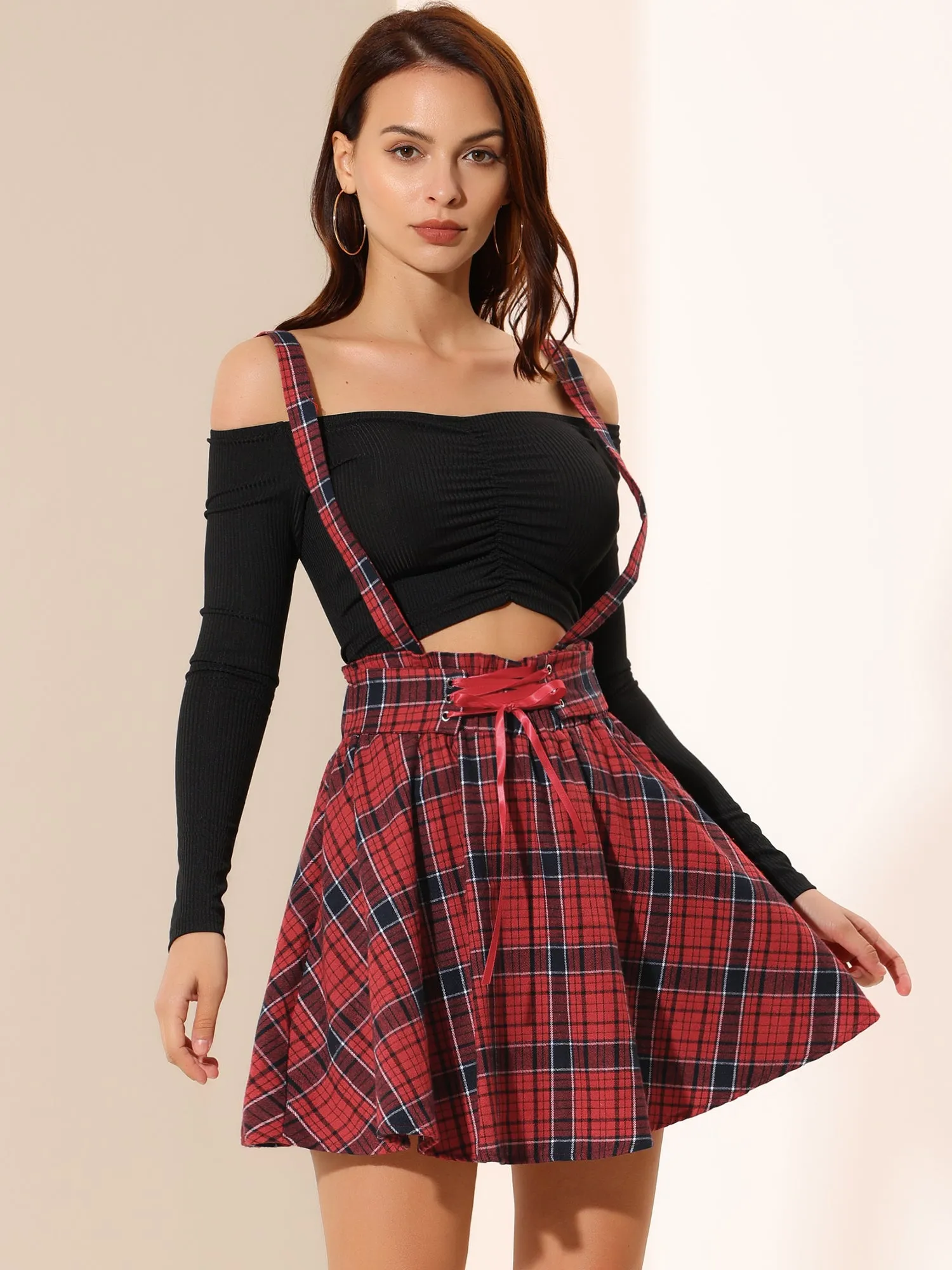 Christmas Gothic Plaid High Waisted Detachable Suspender Skirt