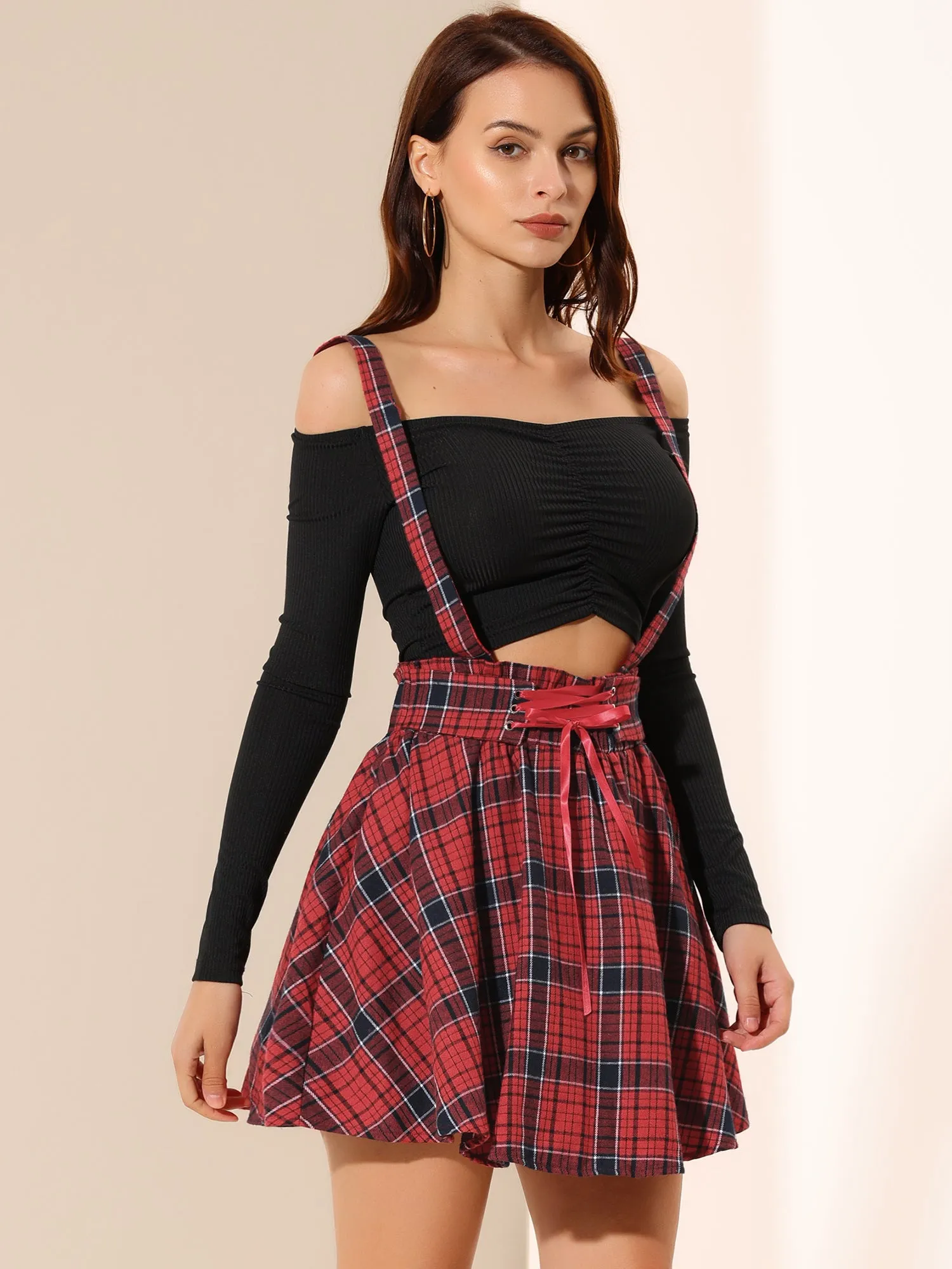 Christmas Gothic Plaid High Waisted Detachable Suspender Skirt