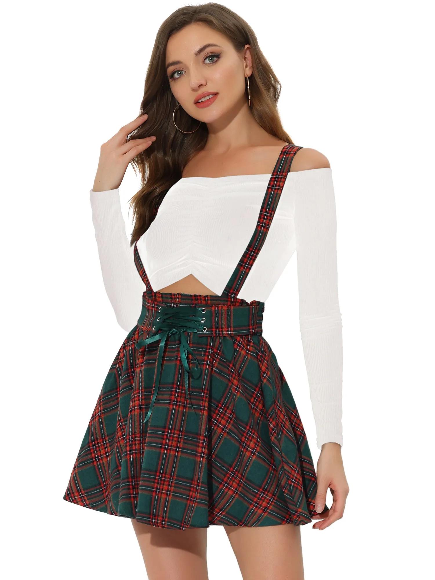 Christmas Gothic Plaid High Waisted Detachable Suspender Skirt