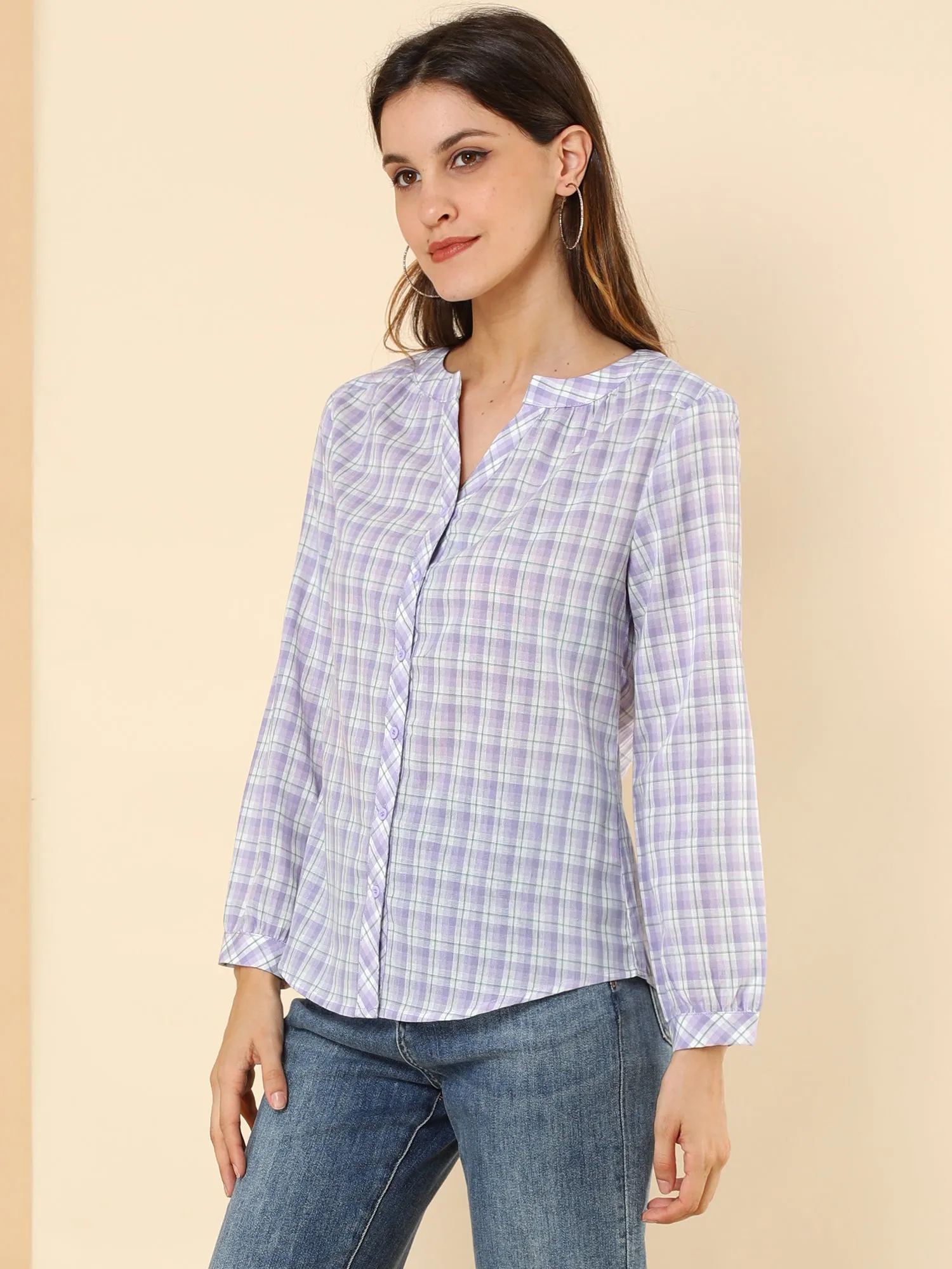 Christmas Plaid Shirt Button Up V Neck Long Sleeve Peasant Blouse