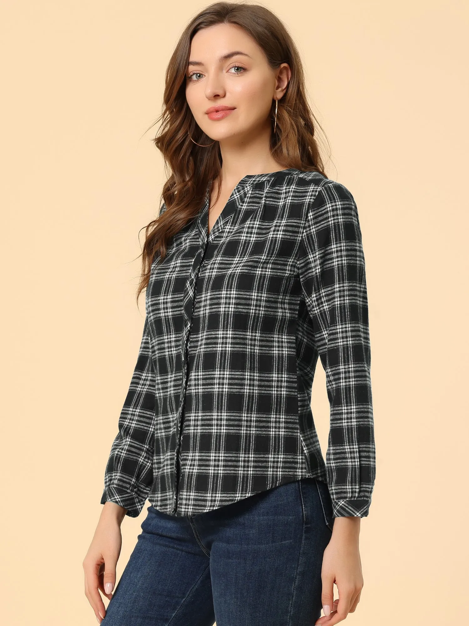 Christmas Plaid Shirt Button Up V Neck Long Sleeve Peasant Blouse