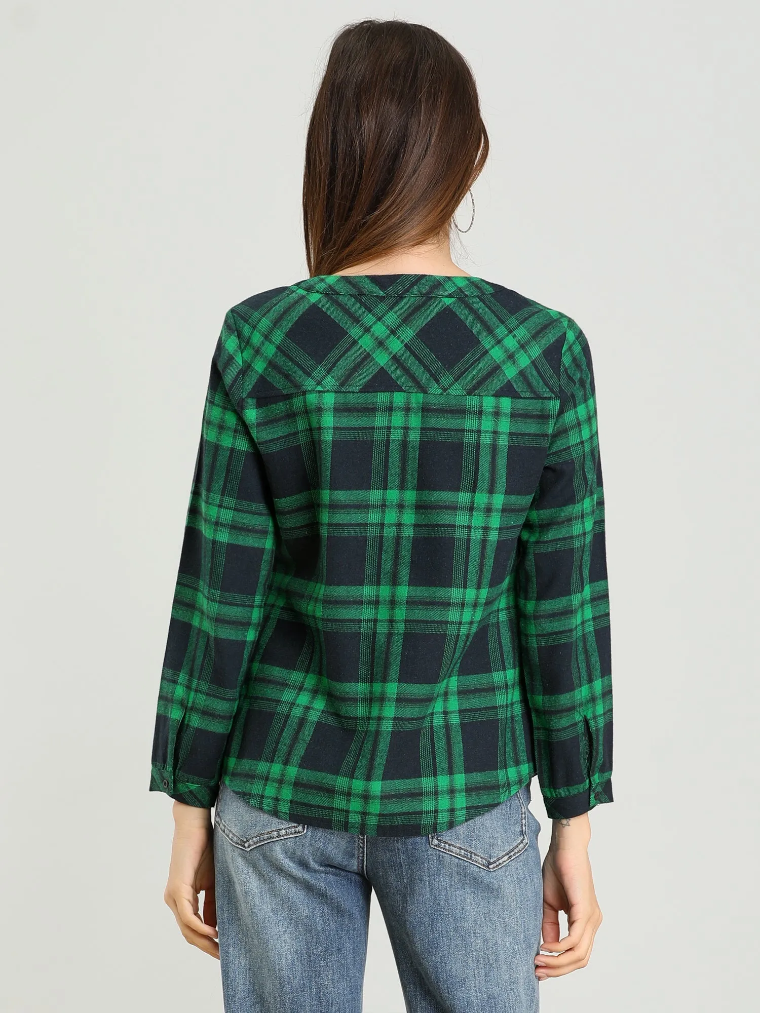 Christmas Plaid Shirt Button Up V Neck Long Sleeve Peasant Blouse