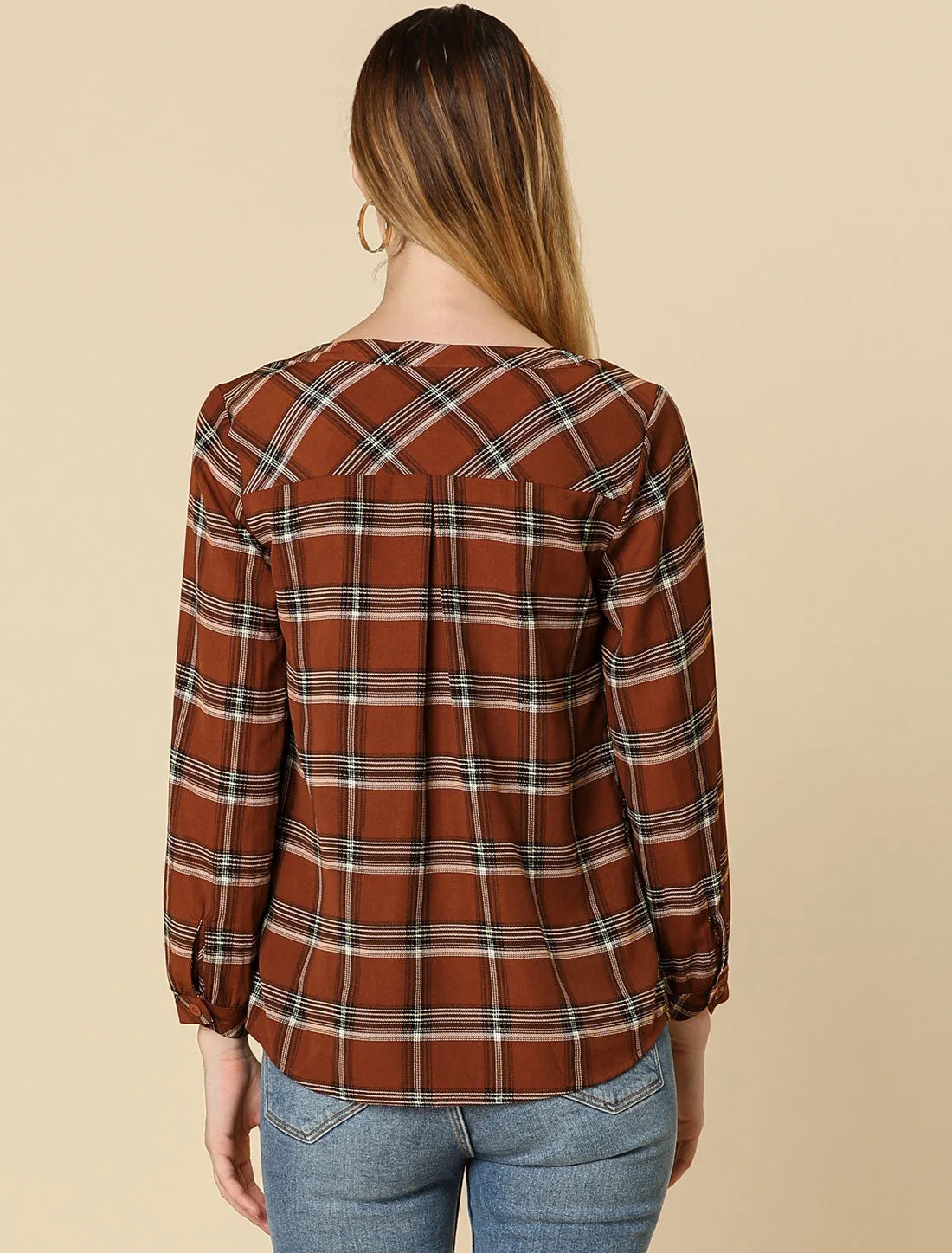 Christmas Plaid Shirt Button Up V Neck Long Sleeve Peasant Blouse