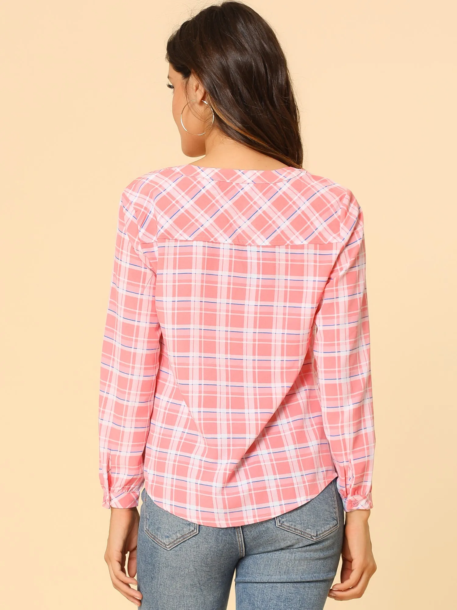Christmas Plaid Shirt Button Up V Neck Long Sleeve Peasant Blouse