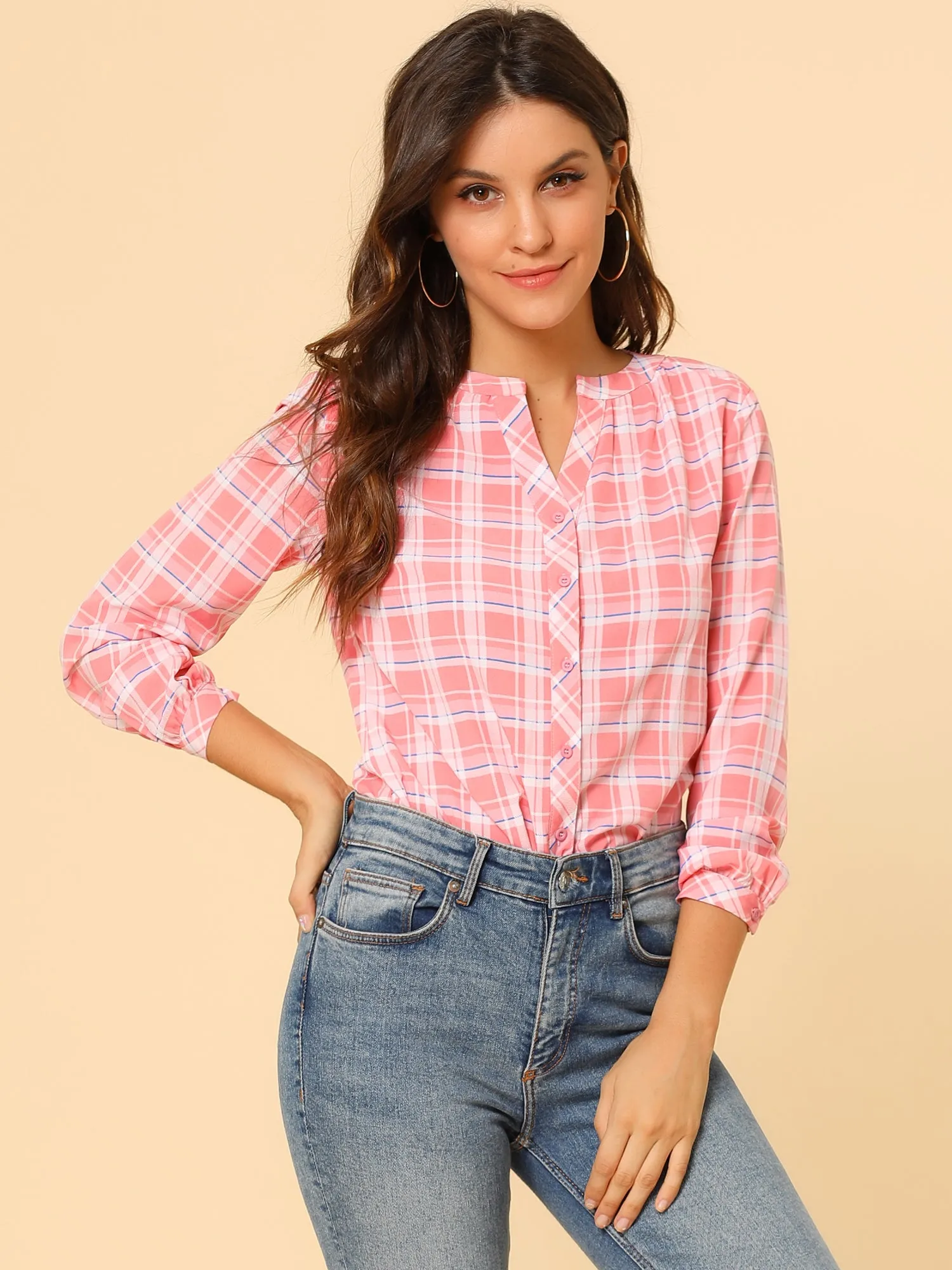 Christmas Plaid Shirt Button Up V Neck Long Sleeve Peasant Blouse