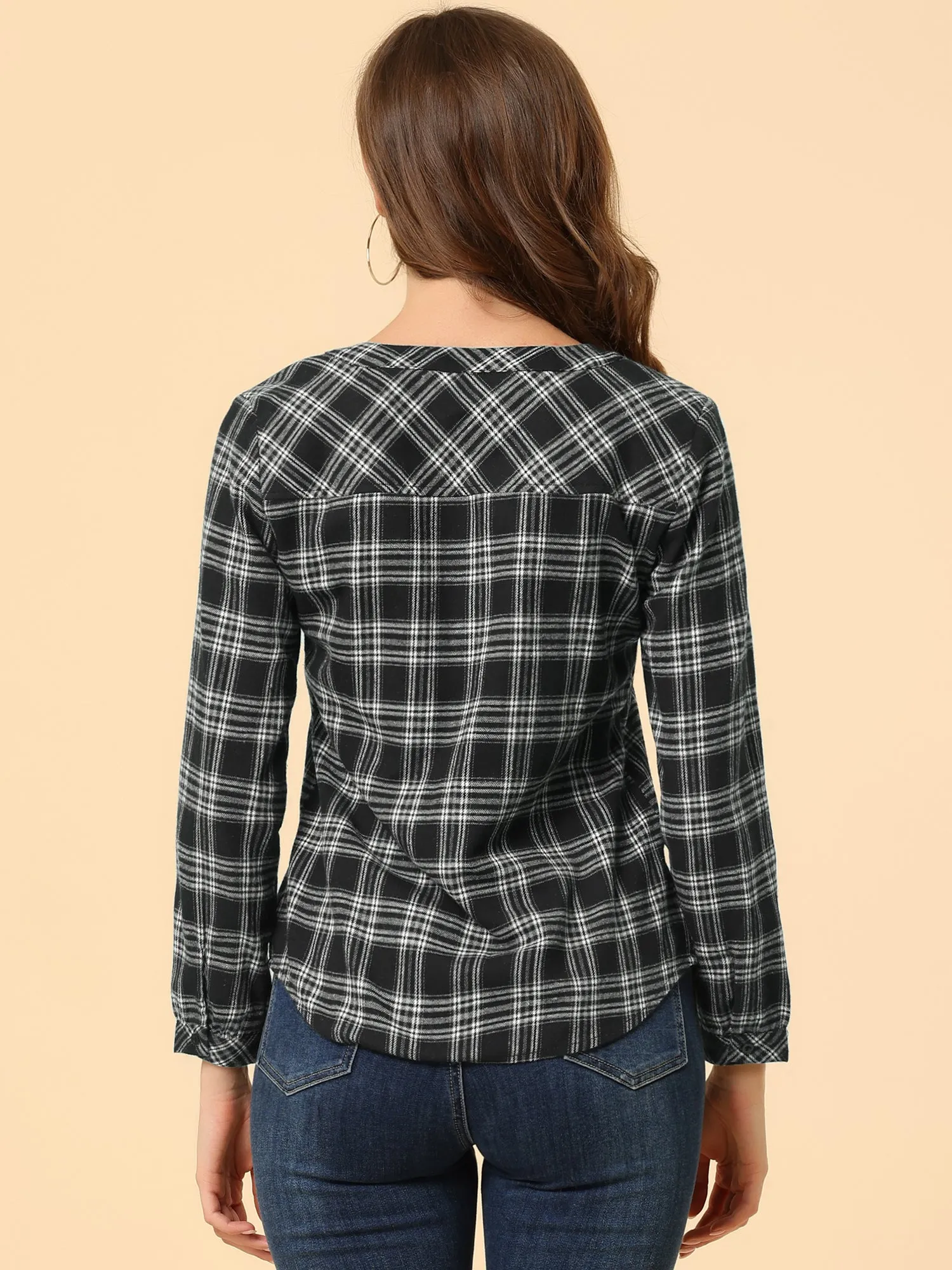 Christmas Plaid Shirt Button Up V Neck Long Sleeve Peasant Blouse