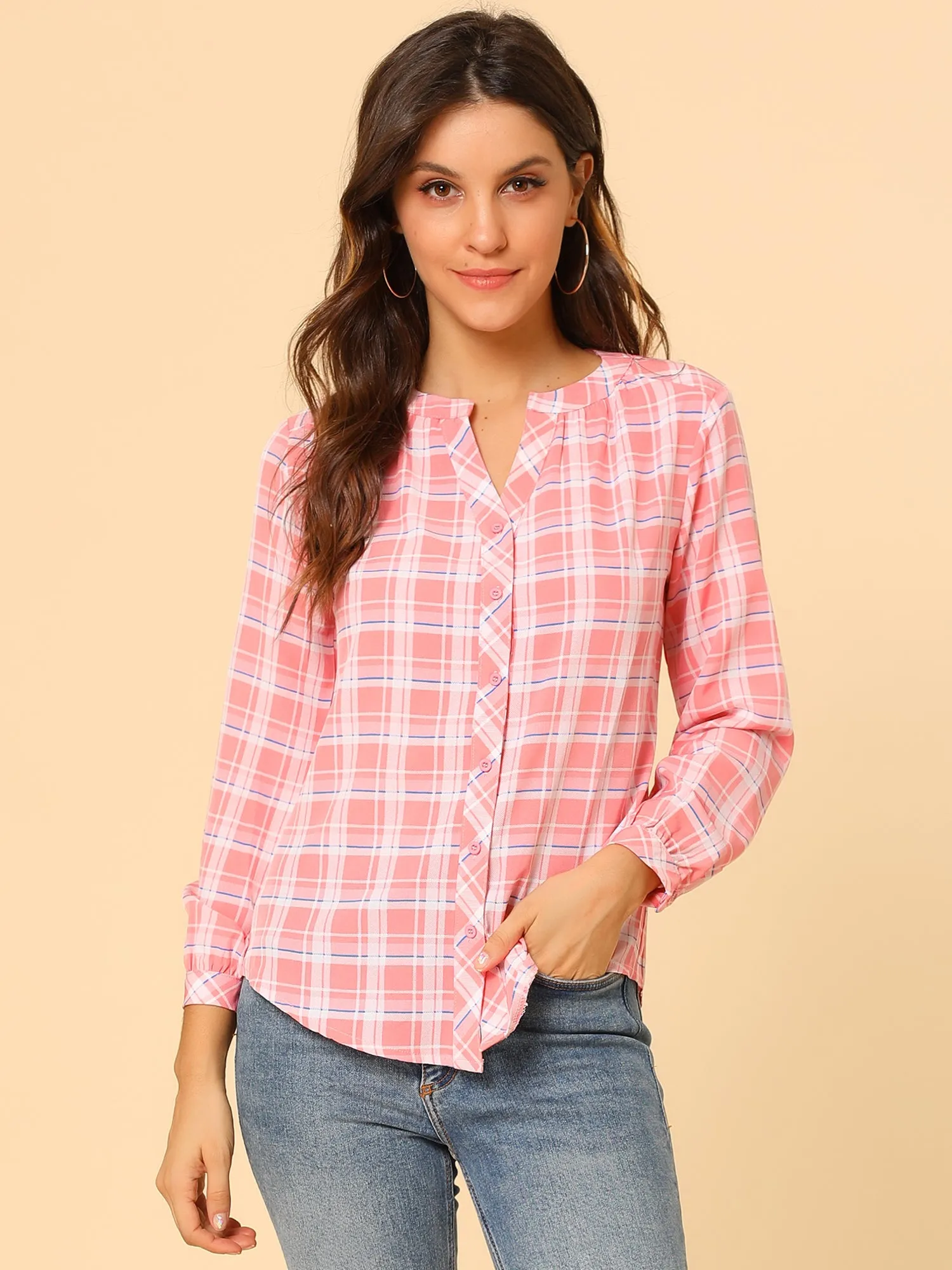 Christmas Plaid Shirt Button Up V Neck Long Sleeve Peasant Blouse