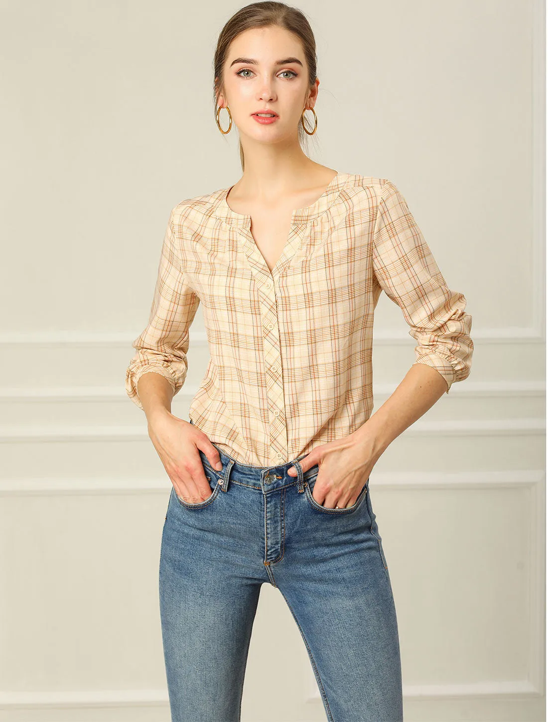 Christmas Plaid Shirt Button Up V Neck Long Sleeve Peasant Blouse
