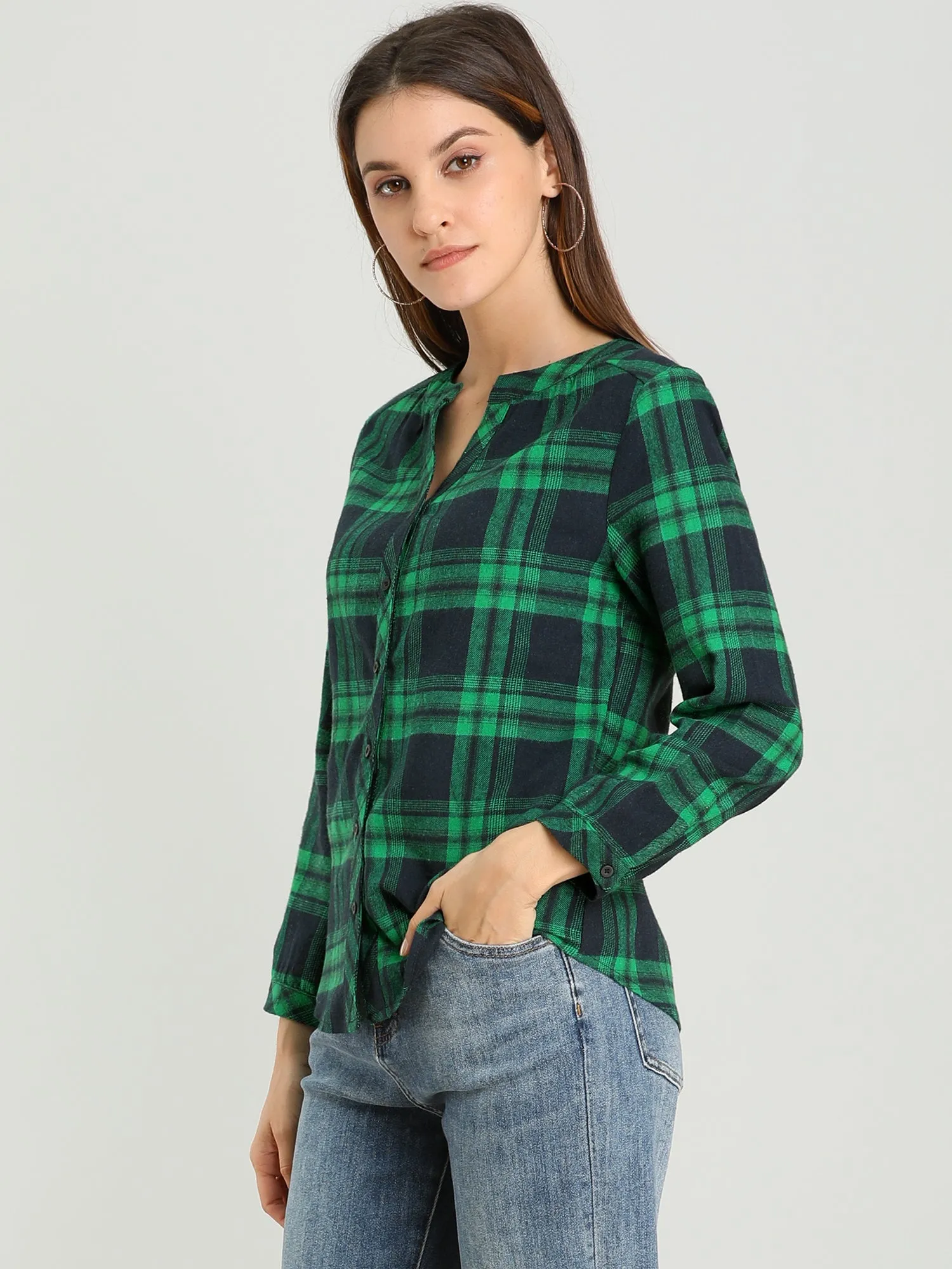 Christmas Plaid Shirt Button Up V Neck Long Sleeve Peasant Blouse