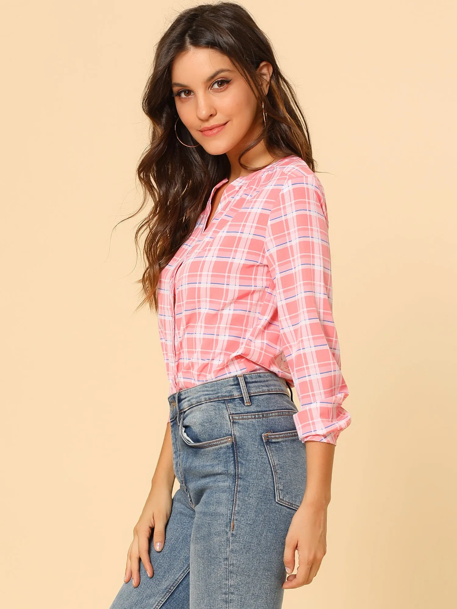 Christmas Plaid Shirt Button Up V Neck Long Sleeve Peasant Blouse