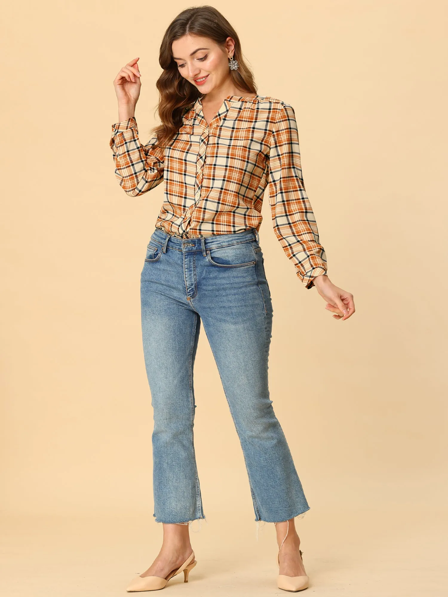 Christmas Plaid Shirt Button Up V Neck Long Sleeve Peasant Blouse