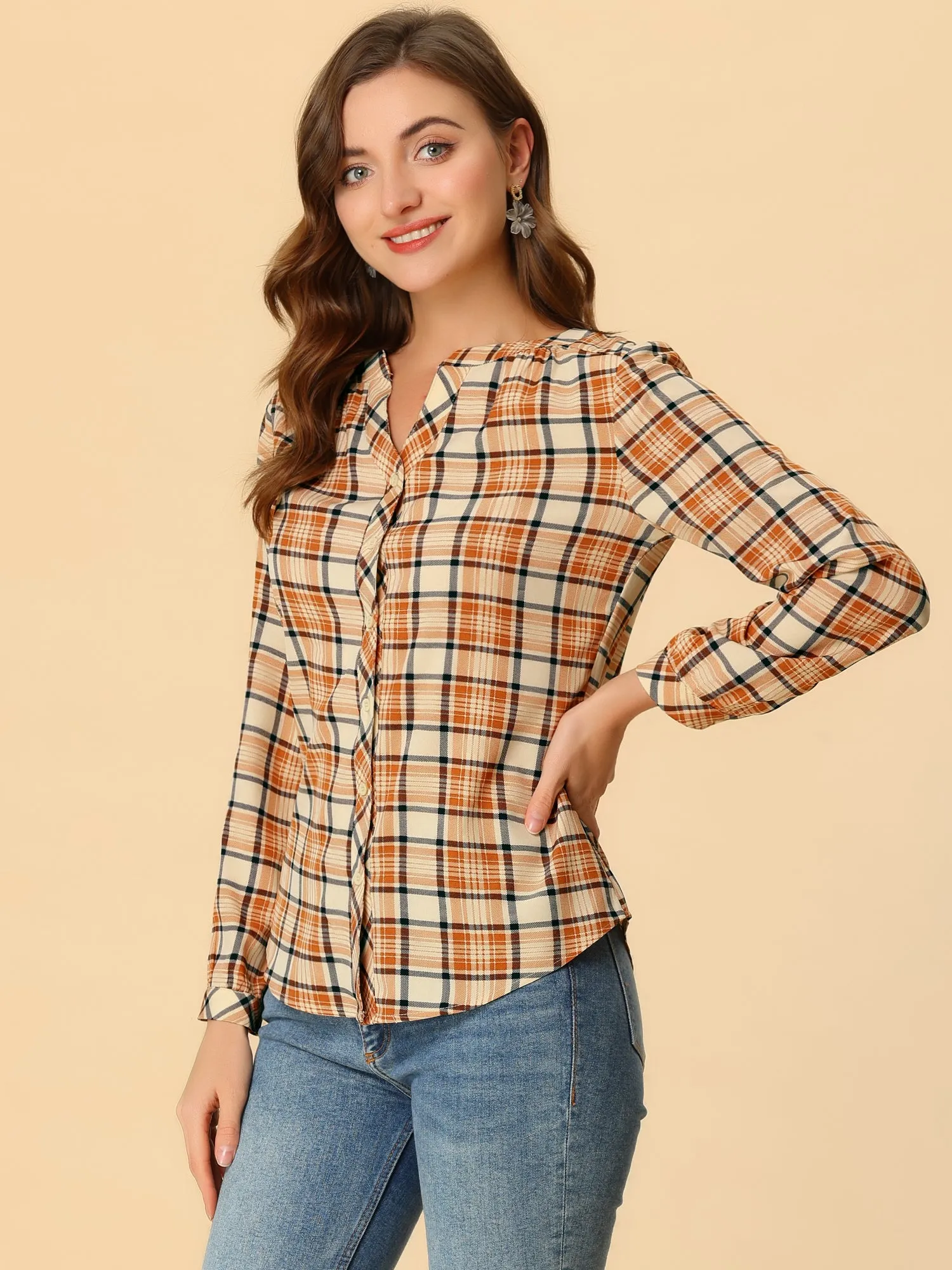 Christmas Plaid Shirt Button Up V Neck Long Sleeve Peasant Blouse