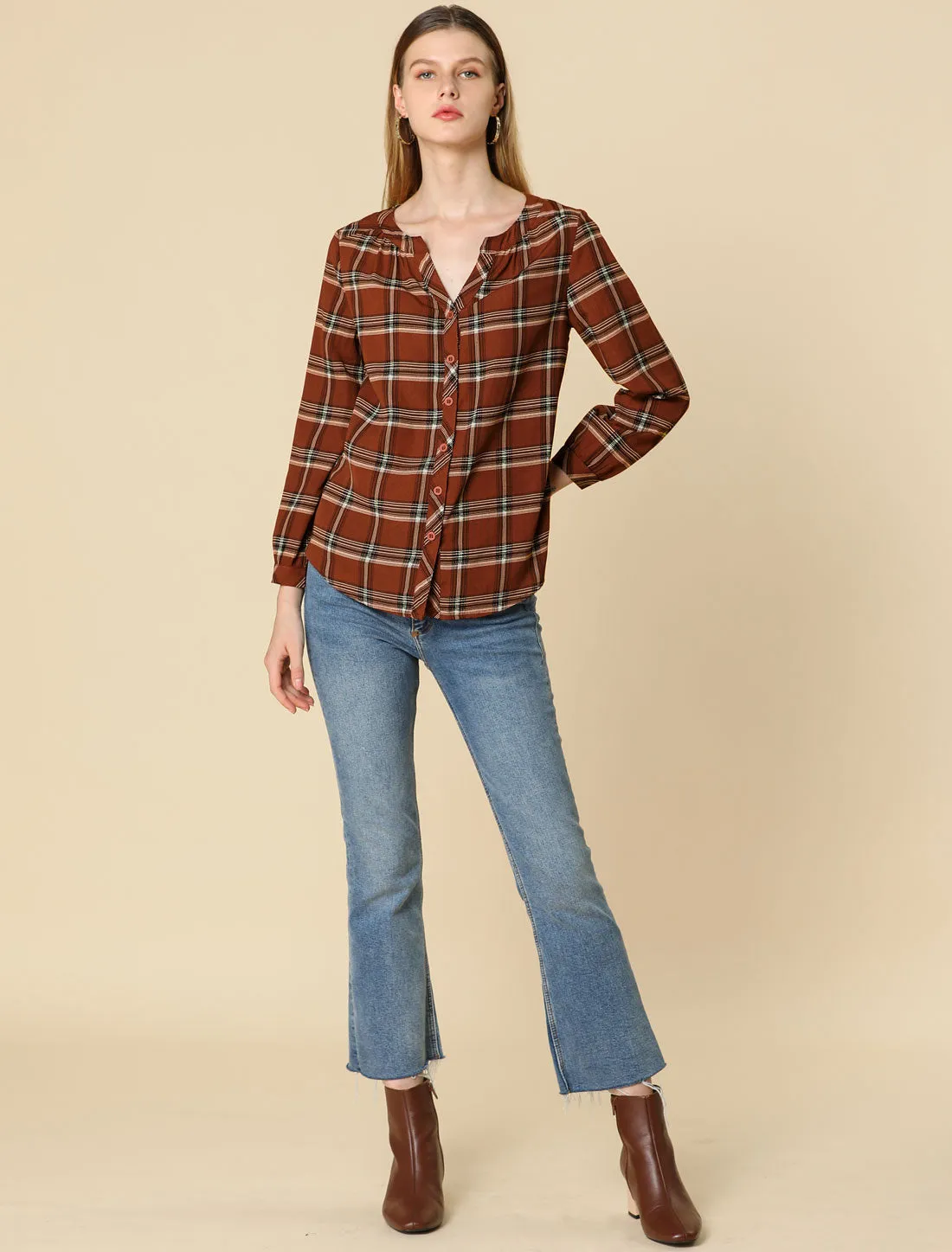 Christmas Plaid Shirt Button Up V Neck Long Sleeve Peasant Blouse