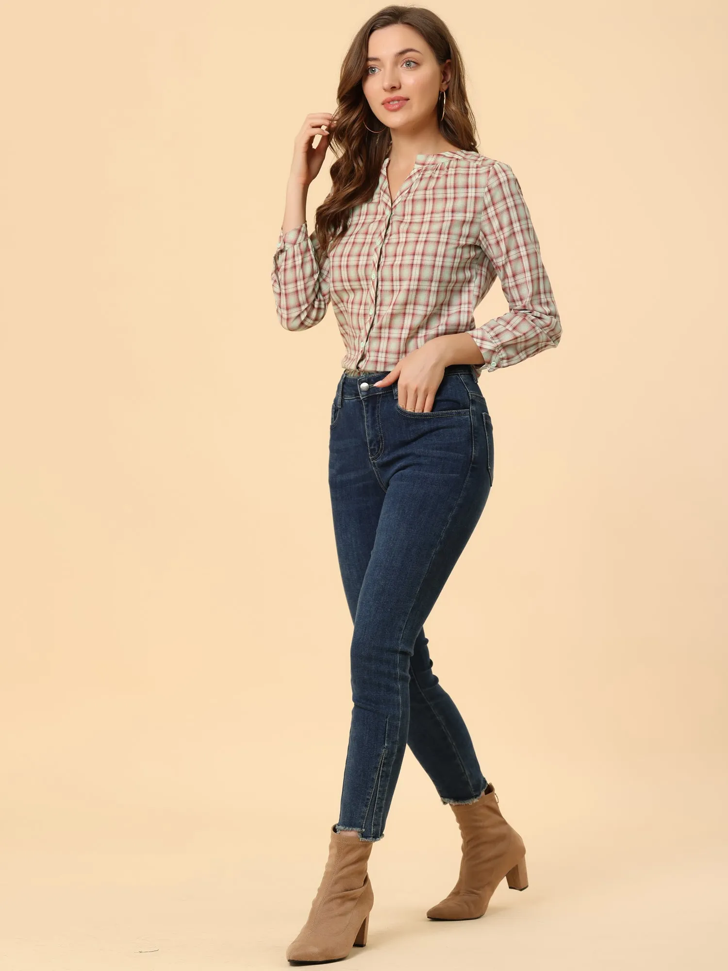 Christmas Plaid Shirt Button Up V Neck Long Sleeve Peasant Blouse