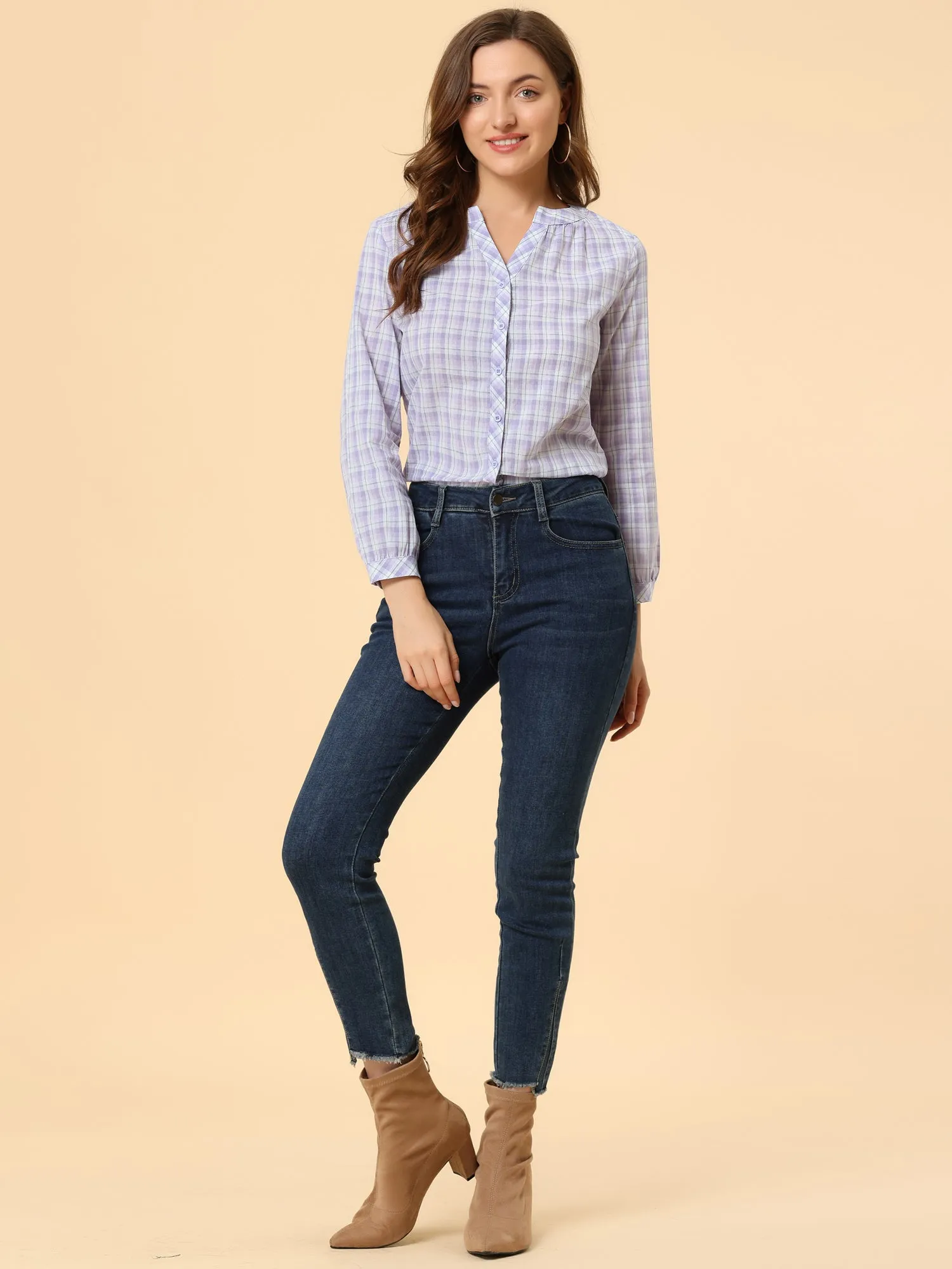 Christmas Plaid Shirt Button Up V Neck Long Sleeve Peasant Blouse