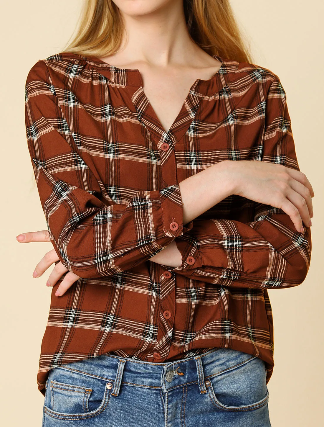 Christmas Plaid Shirt Button Up V Neck Long Sleeve Peasant Blouse