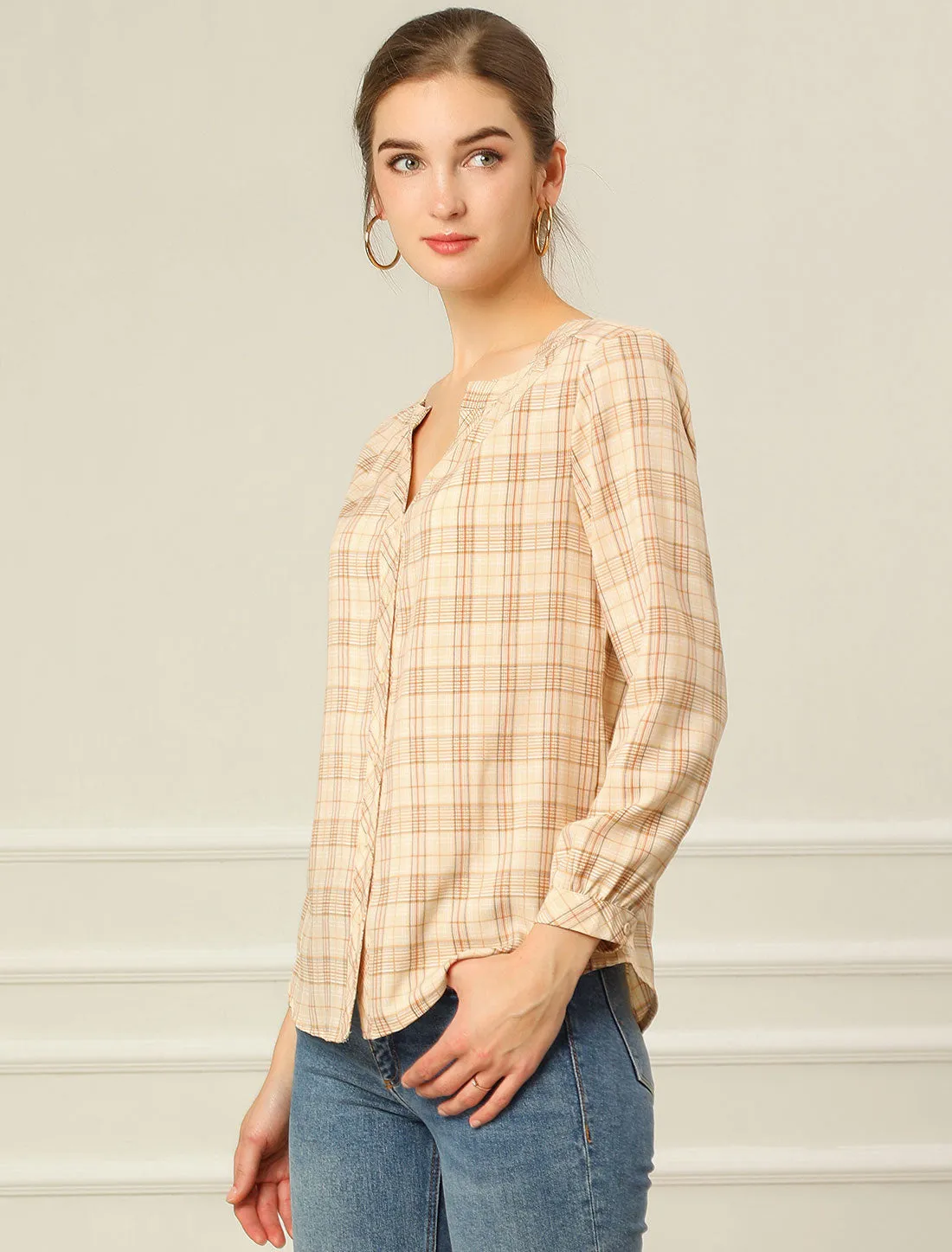 Christmas Plaid Shirt Button Up V Neck Long Sleeve Peasant Blouse