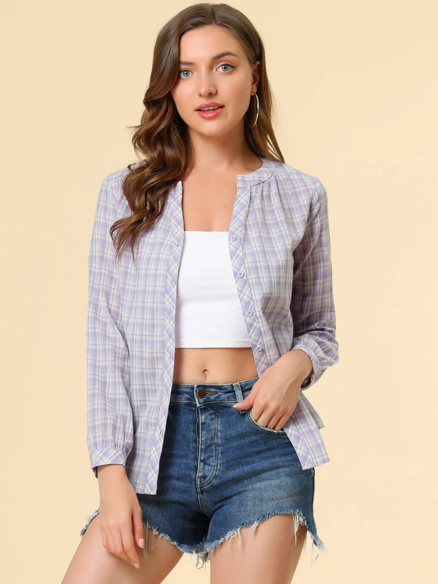 Christmas Plaid Shirt Button Up V Neck Long Sleeve Peasant Blouse