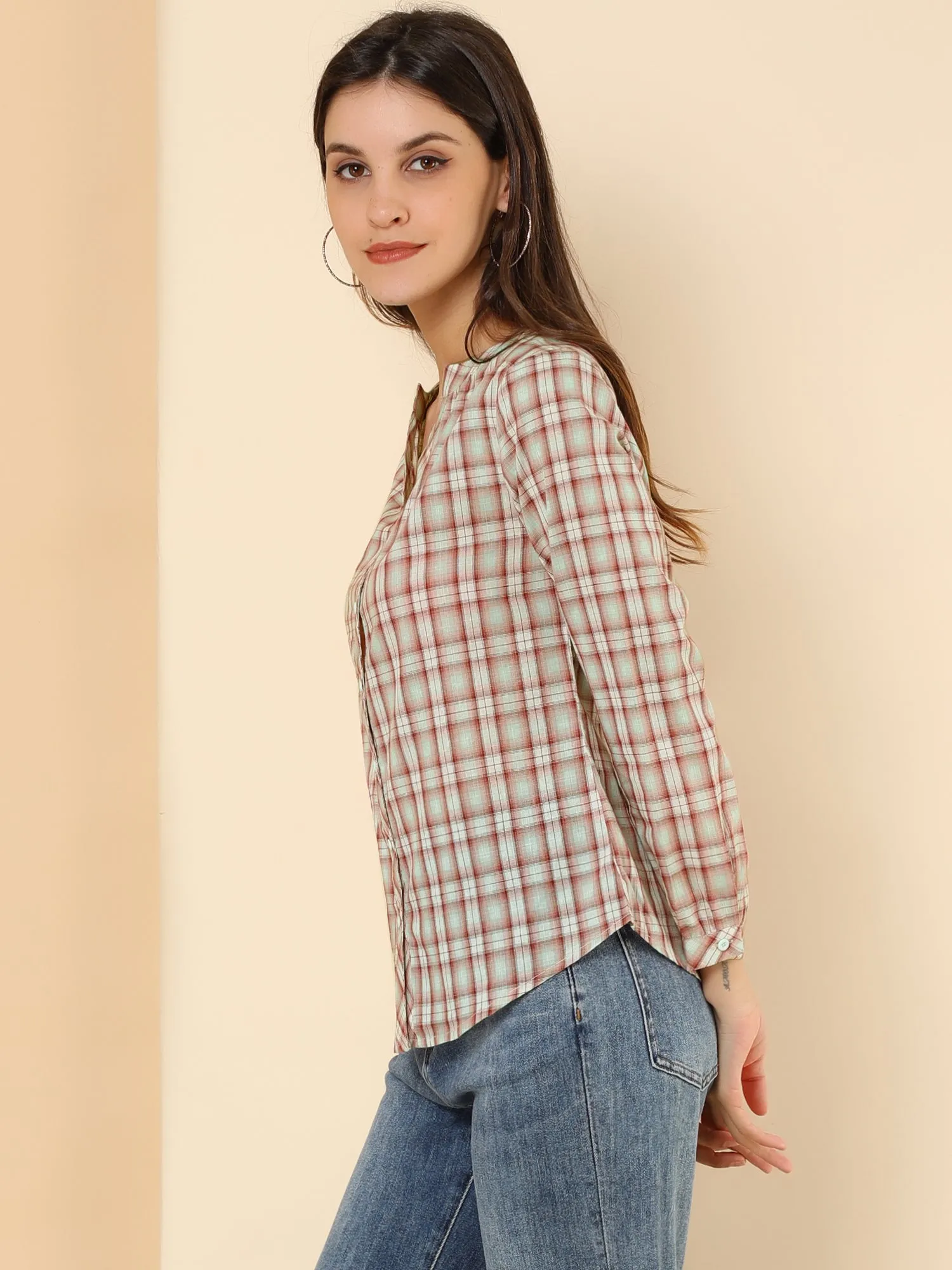Christmas Plaid Shirt Button Up V Neck Long Sleeve Peasant Blouse