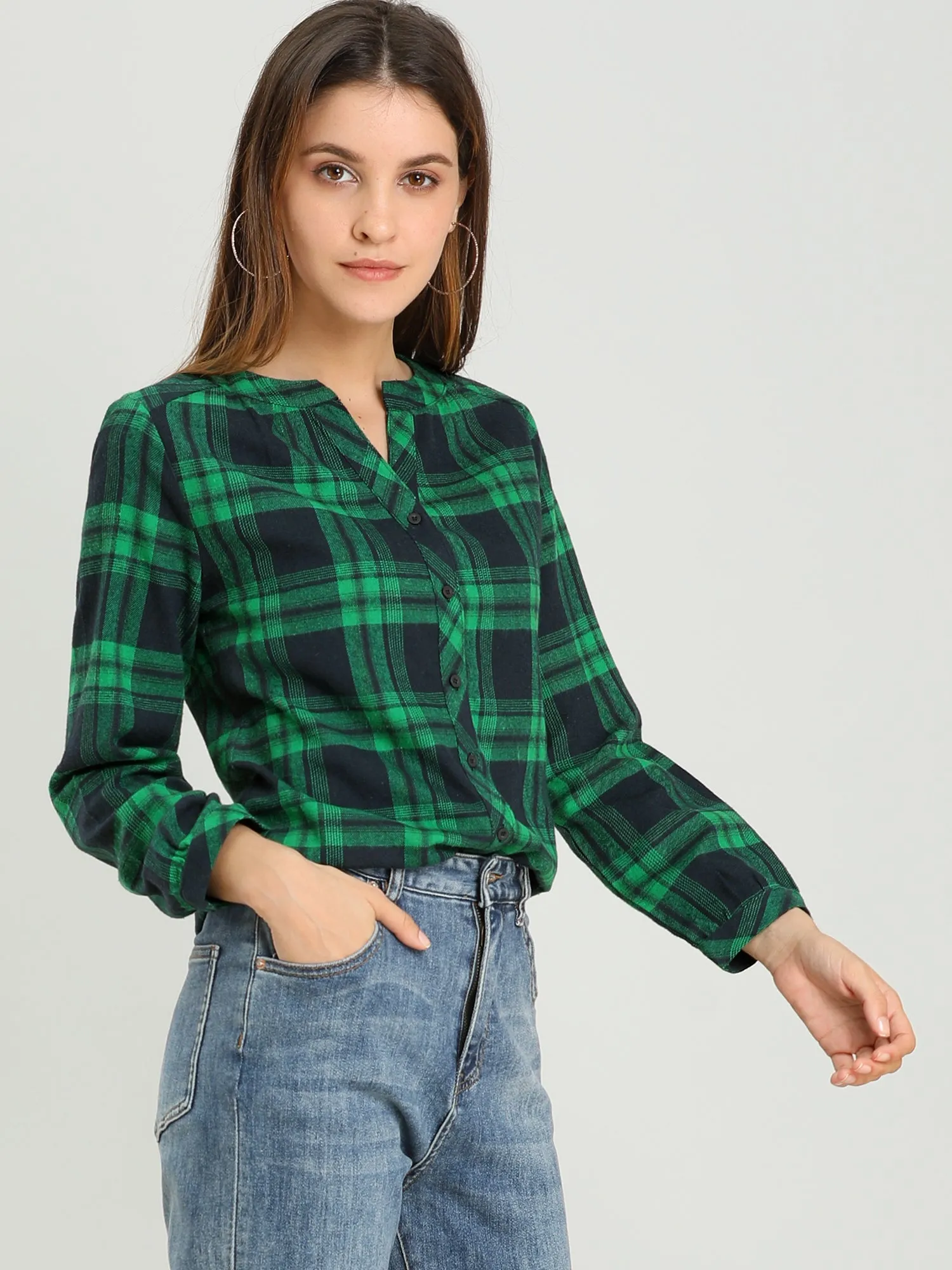 Christmas Plaid Shirt Button Up V Neck Long Sleeve Peasant Blouse