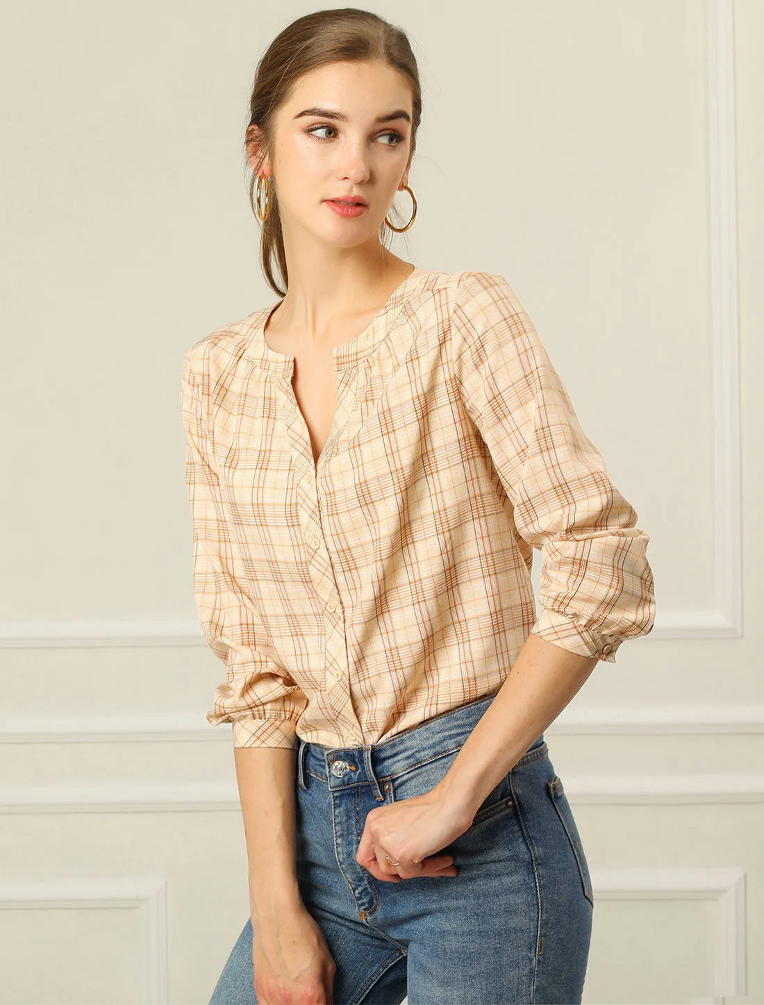 Christmas Plaid Shirt Button Up V Neck Long Sleeve Peasant Blouse