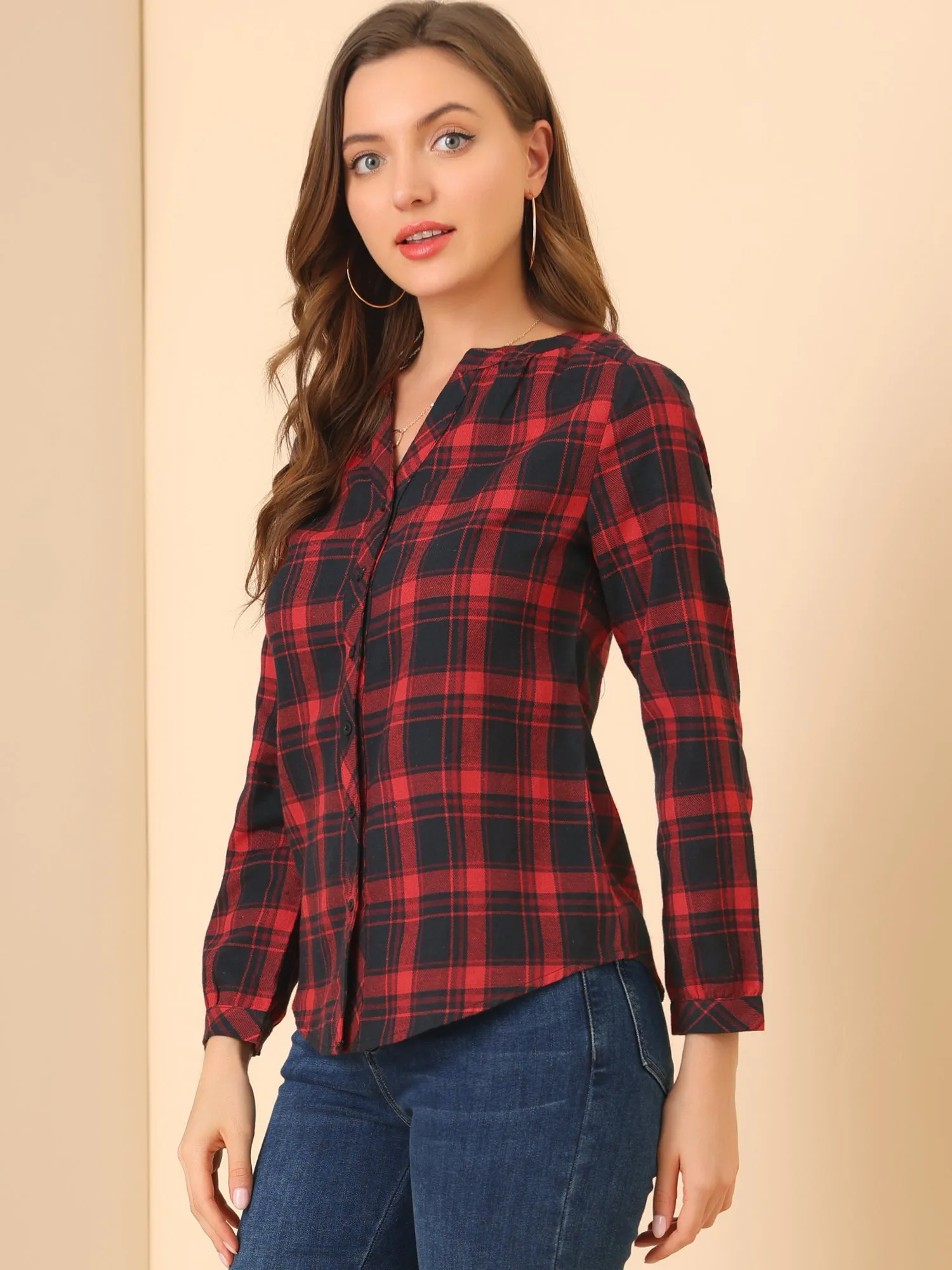 Christmas Plaid Shirt Button Up V Neck Long Sleeve Peasant Blouse