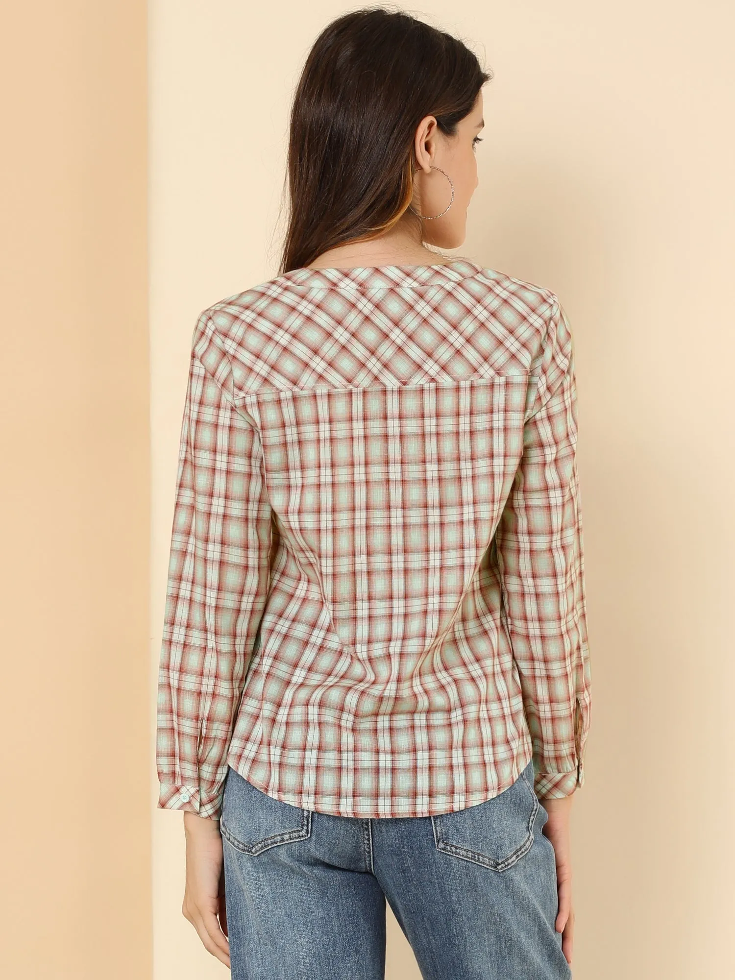 Christmas Plaid Shirt Button Up V Neck Long Sleeve Peasant Blouse