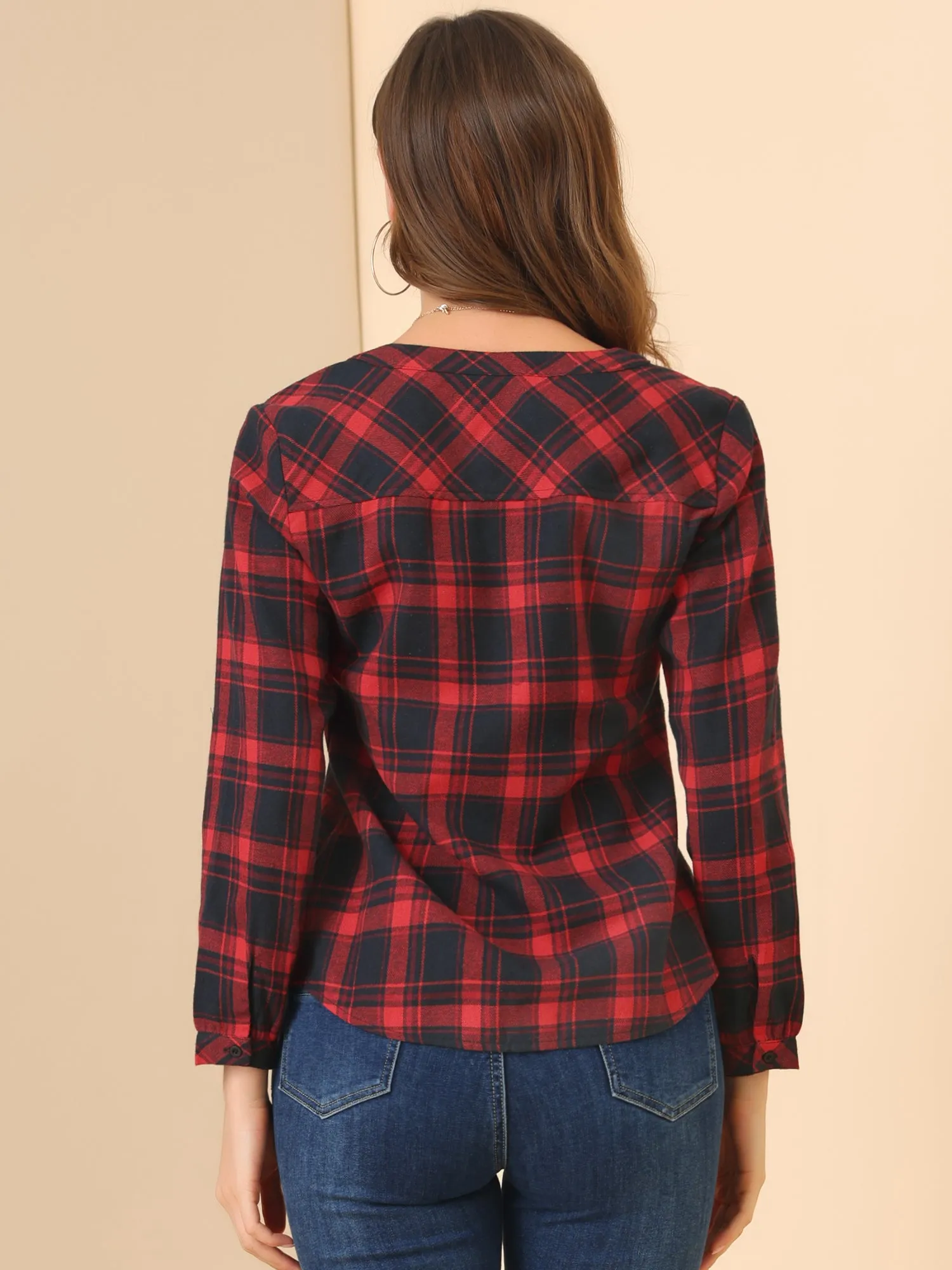 Christmas Plaid Shirt Button Up V Neck Long Sleeve Peasant Blouse