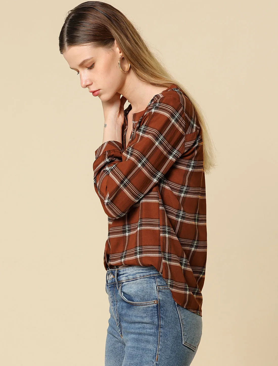 Christmas Plaid Shirt Button Up V Neck Long Sleeve Peasant Blouse