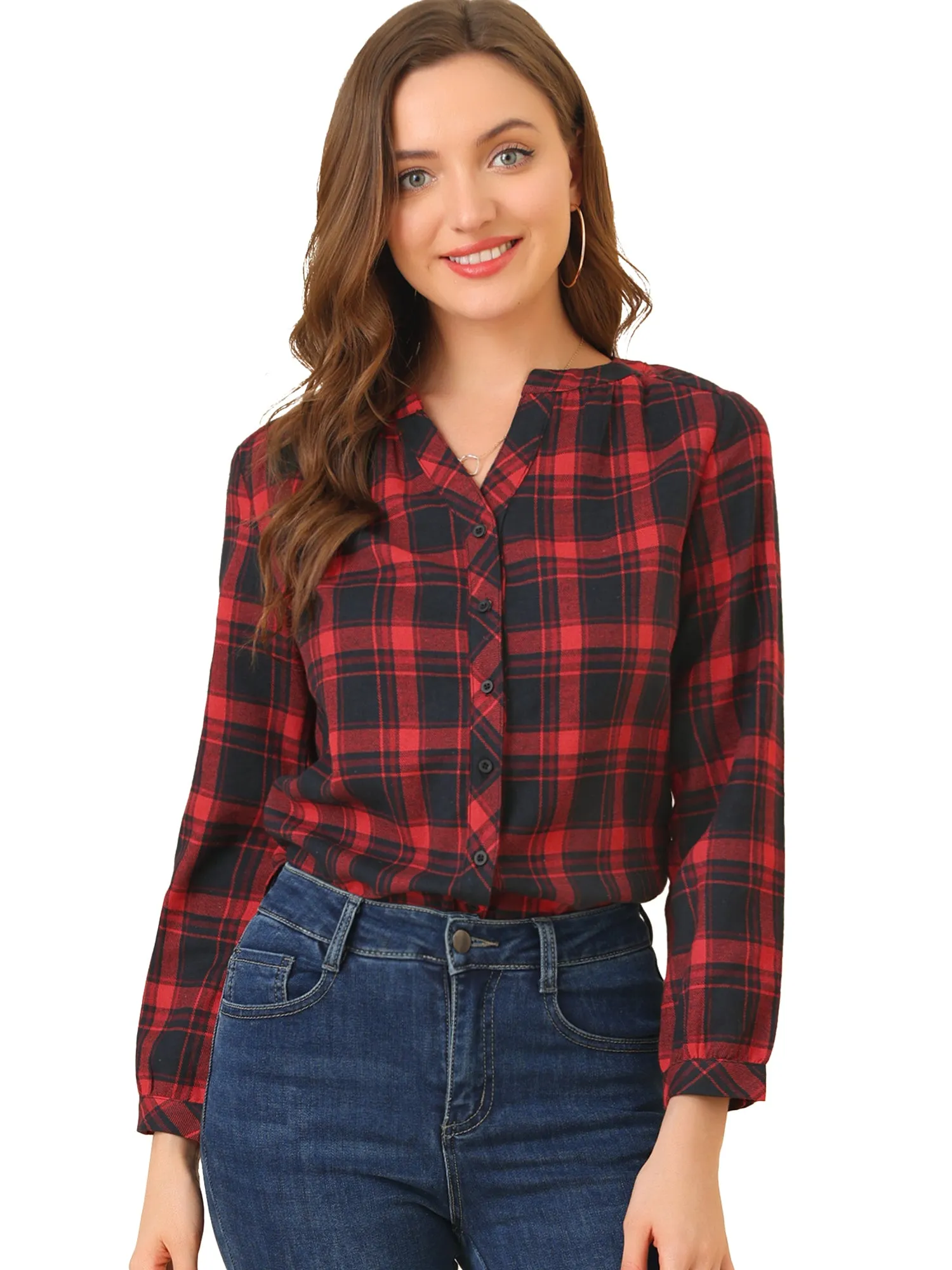 Christmas Plaid Shirt Button Up V Neck Long Sleeve Peasant Blouse
