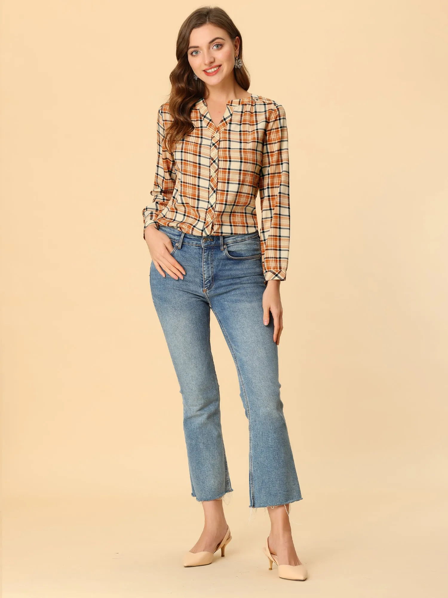 Christmas Plaid Shirt Button Up V Neck Long Sleeve Peasant Blouse