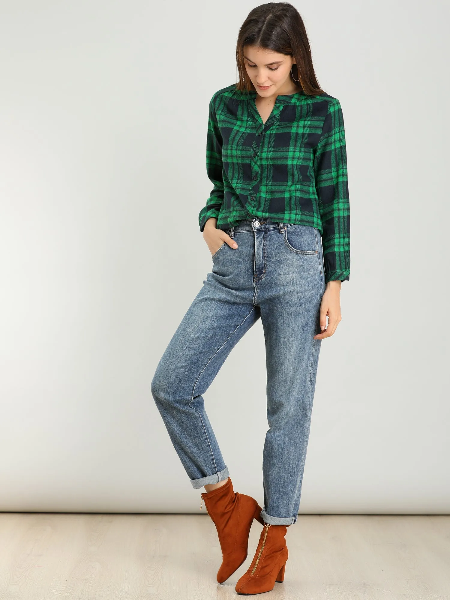 Christmas Plaid Shirt Button Up V Neck Long Sleeve Peasant Blouse